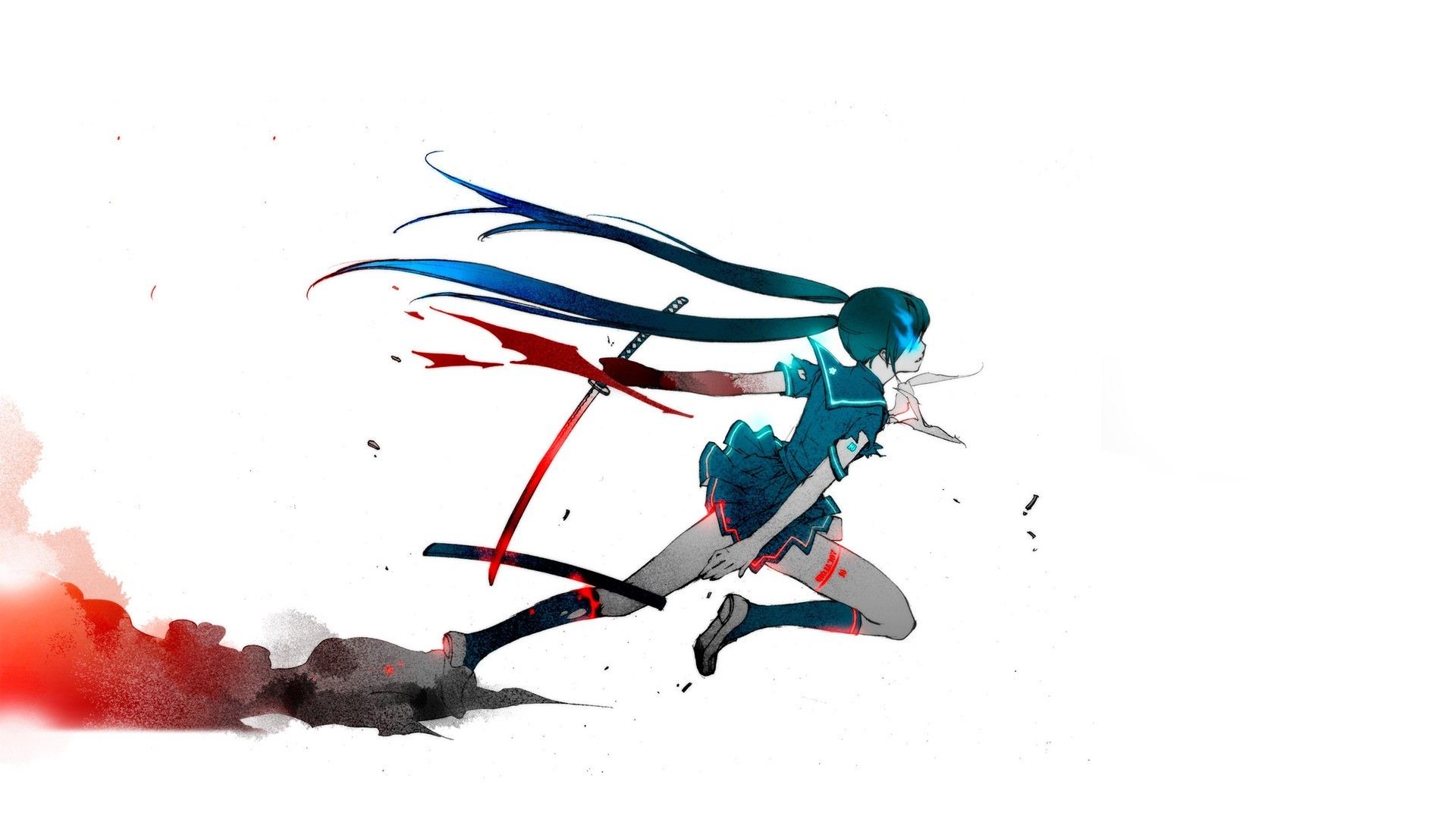 anime, Katana, Simple Background, White Background, Blue Eyes, Blue Hair, Blood Wallpaper HD / Desktop and Mobile Background