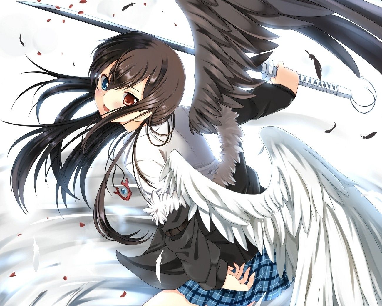 wings weapons feathers fantasy art heterochromia seifuku anime girls black hair 1300x1040 wallpap High Quality Wallpaper, High Definition Wallpaper