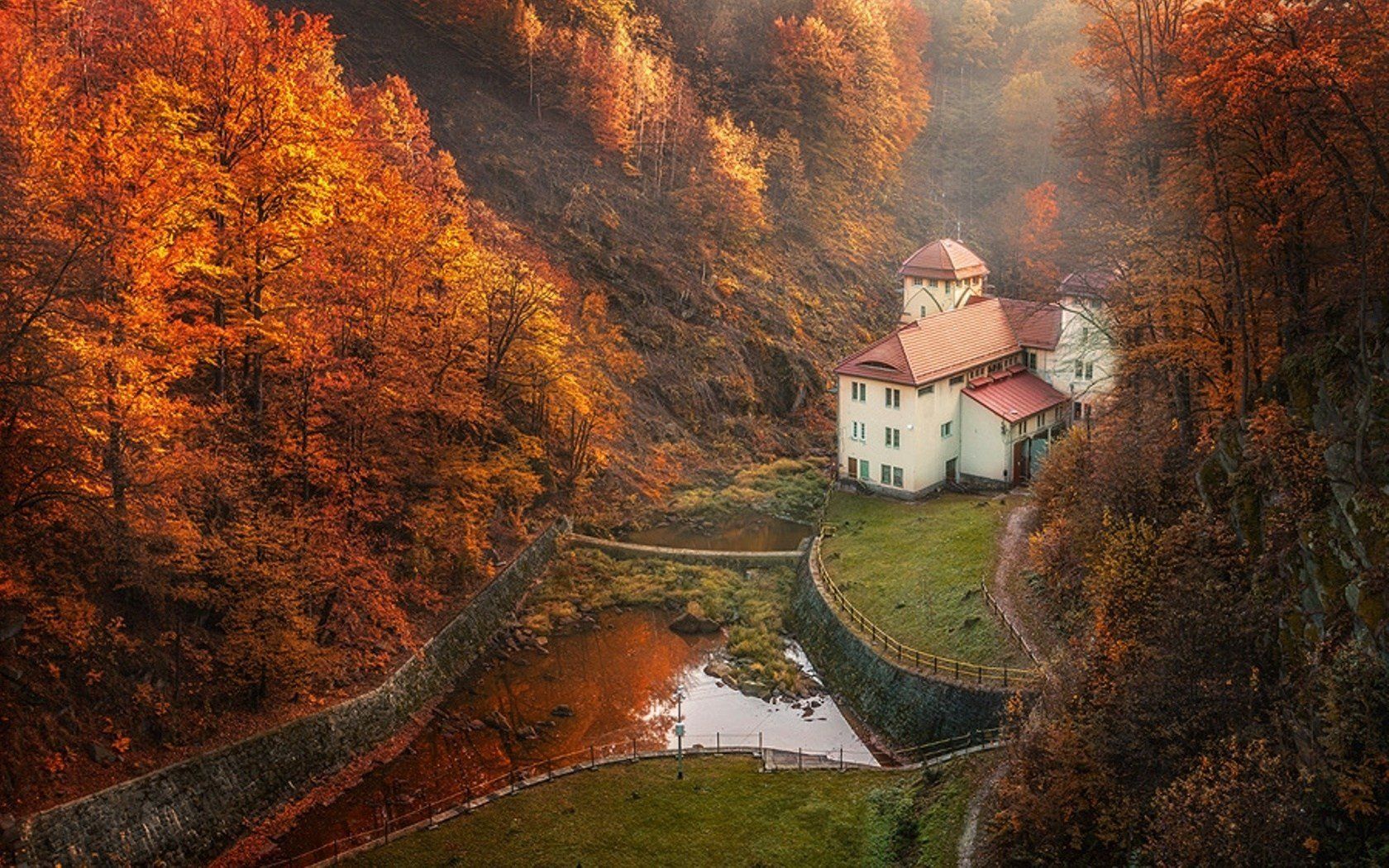 Autumn house forest beautiful wallpaperx1050