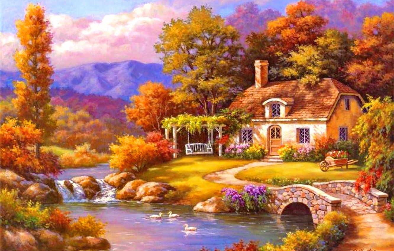 Wallpaper autumn, house, river, picture, painting, painting, Sung Kim image for desktop, section живопись