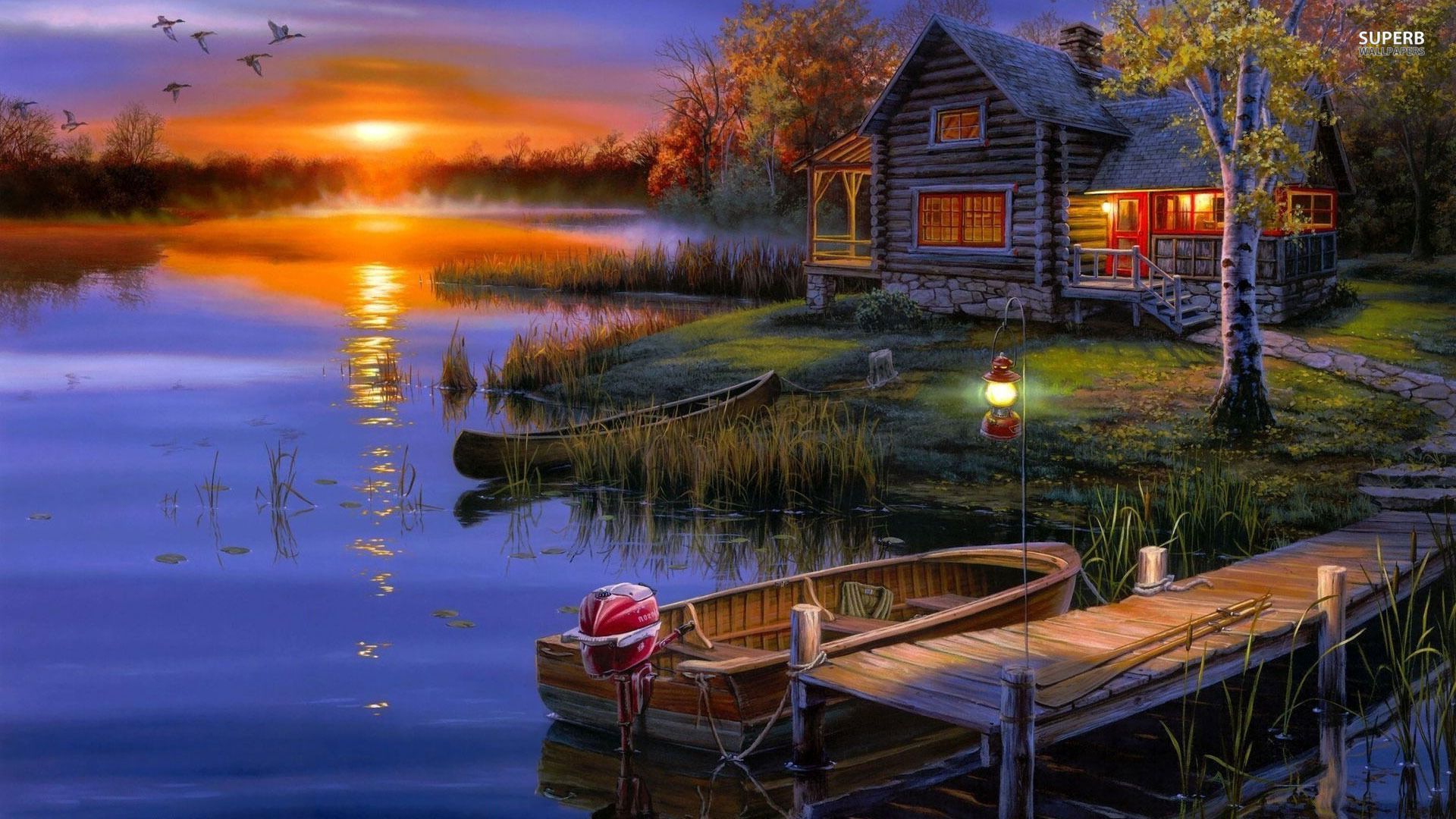 Autumn Sunset At The Lakeside House 23873 (1920×1080). Home Wallpaper, House Landscape, Cabin Shower Curtain