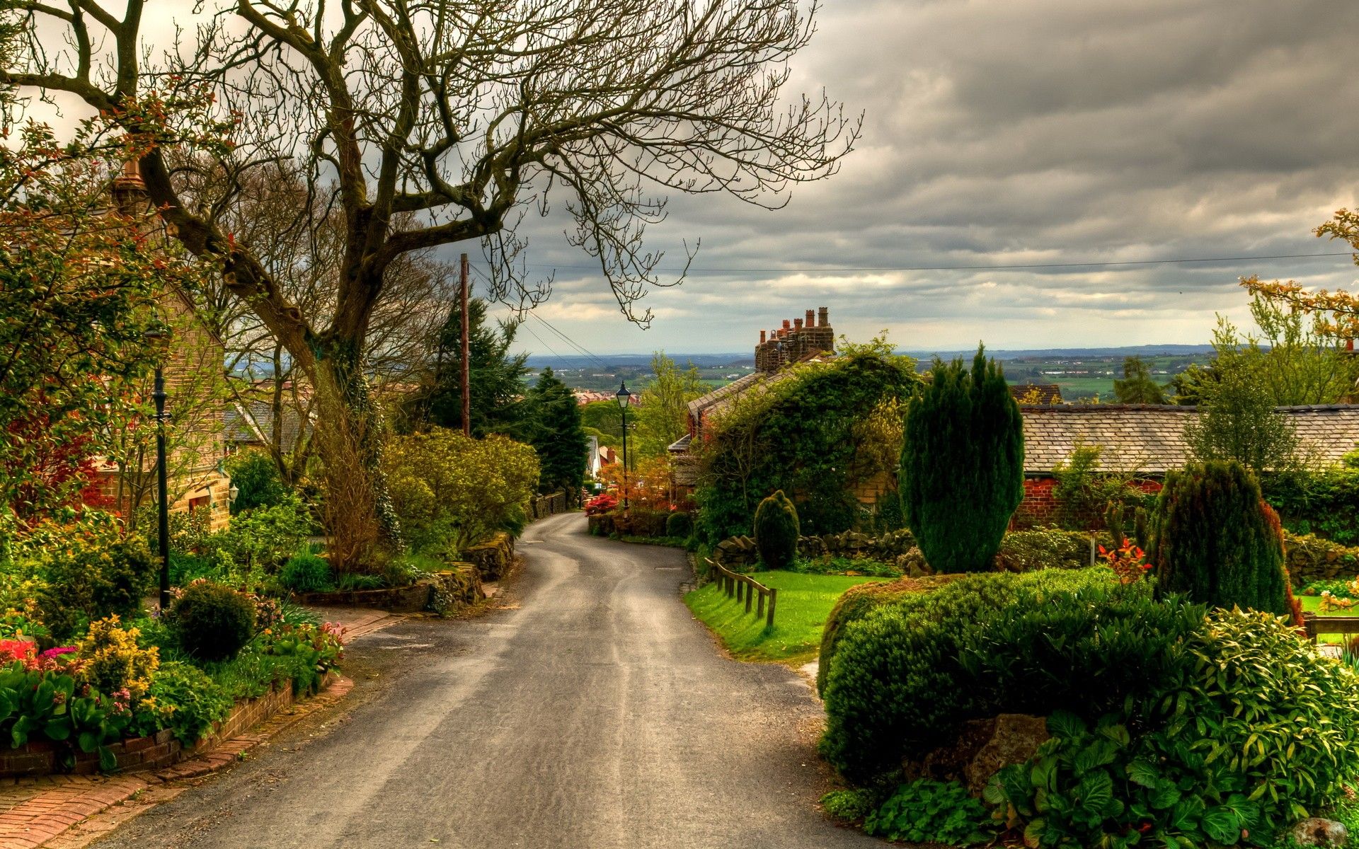 clouds, trees, autumn, England, architecture, houses, roads, townscape wallpaper
