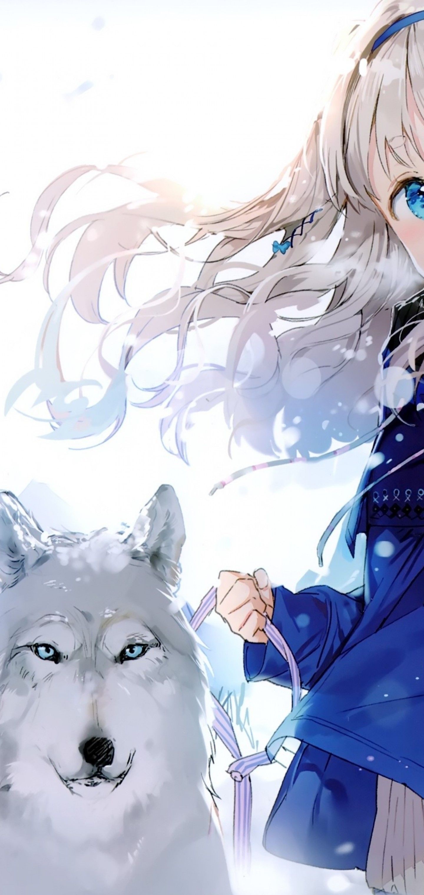 Download 1440x3040 Anime Girls, Wolf, Winter, Wind, Snow, Loli, Blue Eyes Wallpaper for Samsung Galaxy S10 Plus