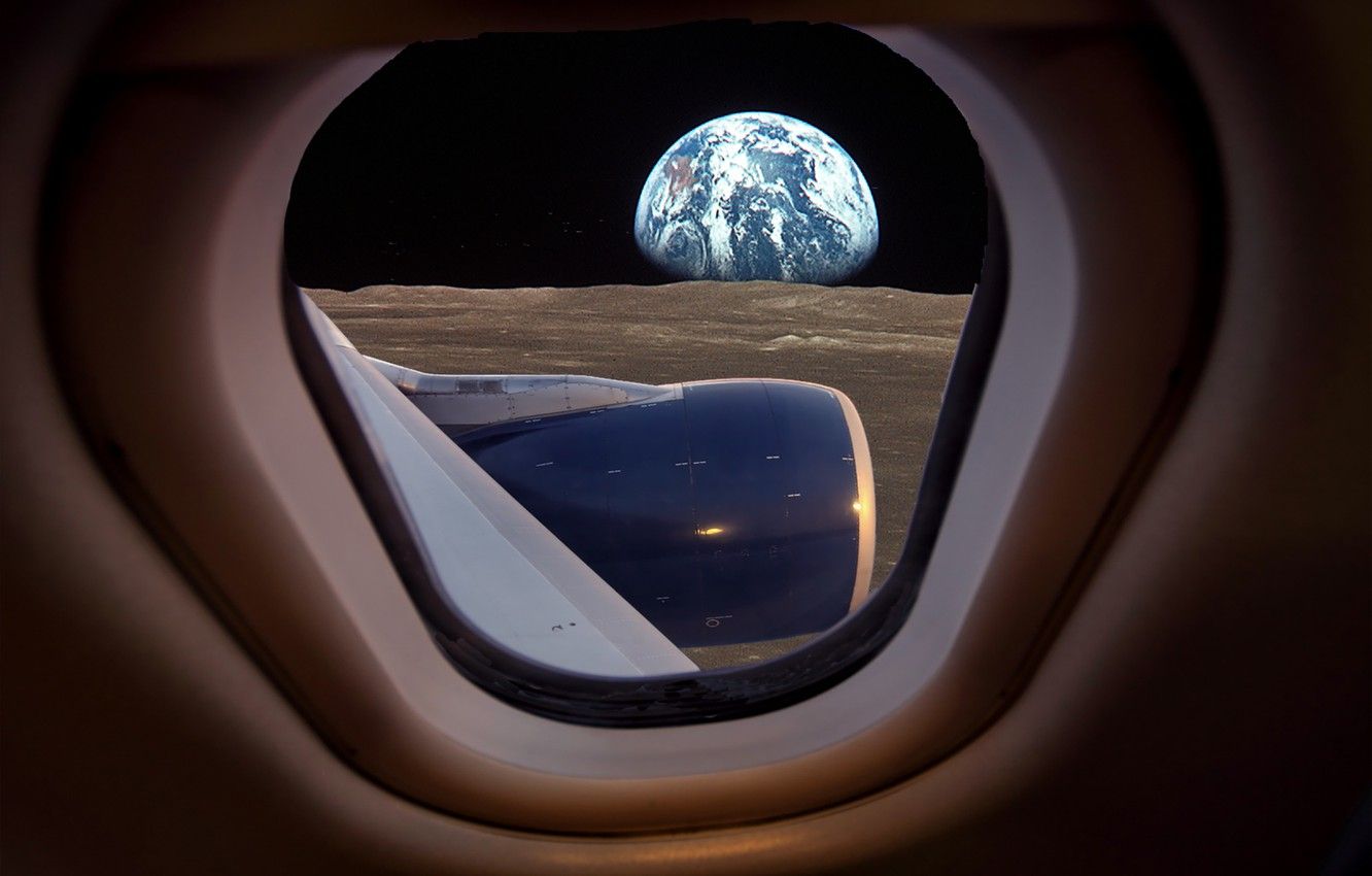 Wallpaper the plane, the moon, the window, moon, airplane, under the wing image for desktop, section авиация