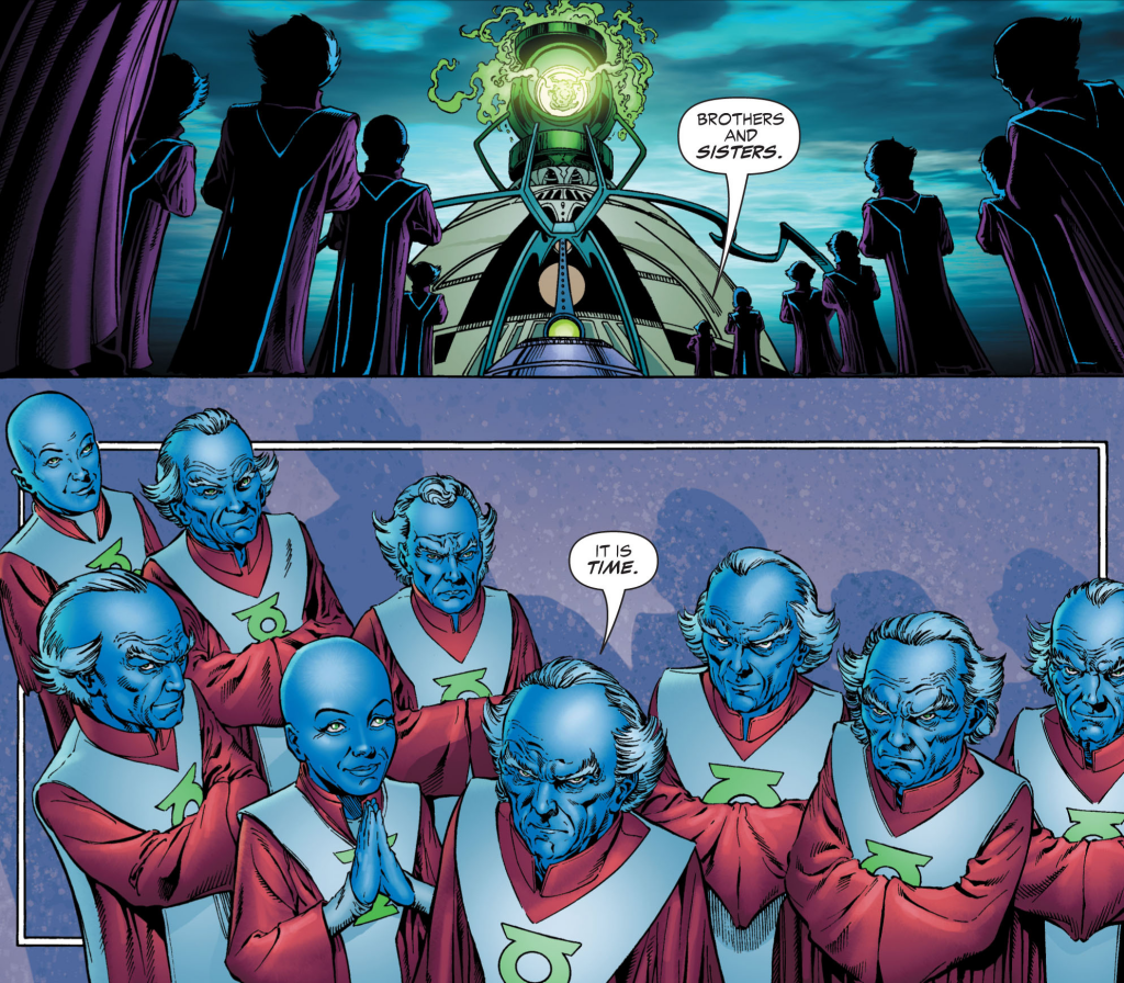 The Guardians of the Universe gather around the Central Power Battery on that planet OA - panel from Green Lanter. Green lantern corps, Green lantern, Dc comics