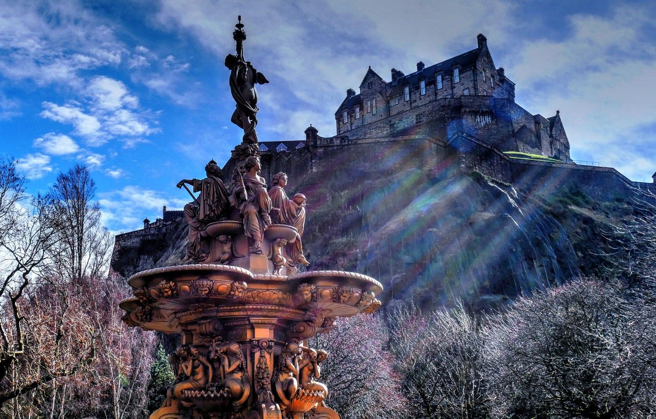 Wallpaper trees, castle, Scotland, hill, fountain, Scotland, Edinburgh, Edinburgh, Edinburgh castle, Edinburgh Castle, Ross Fountain, Princes Street Gardens image for desktop, section город