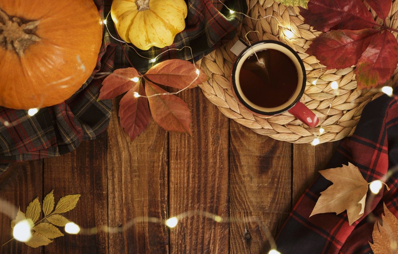Wallpaper autumn, leaves, background, Board, colorful, pumpkin, maple, wood, background, autumn, leaves, cup, autumn, tea, pumpkin, maple image for desktop, section еда