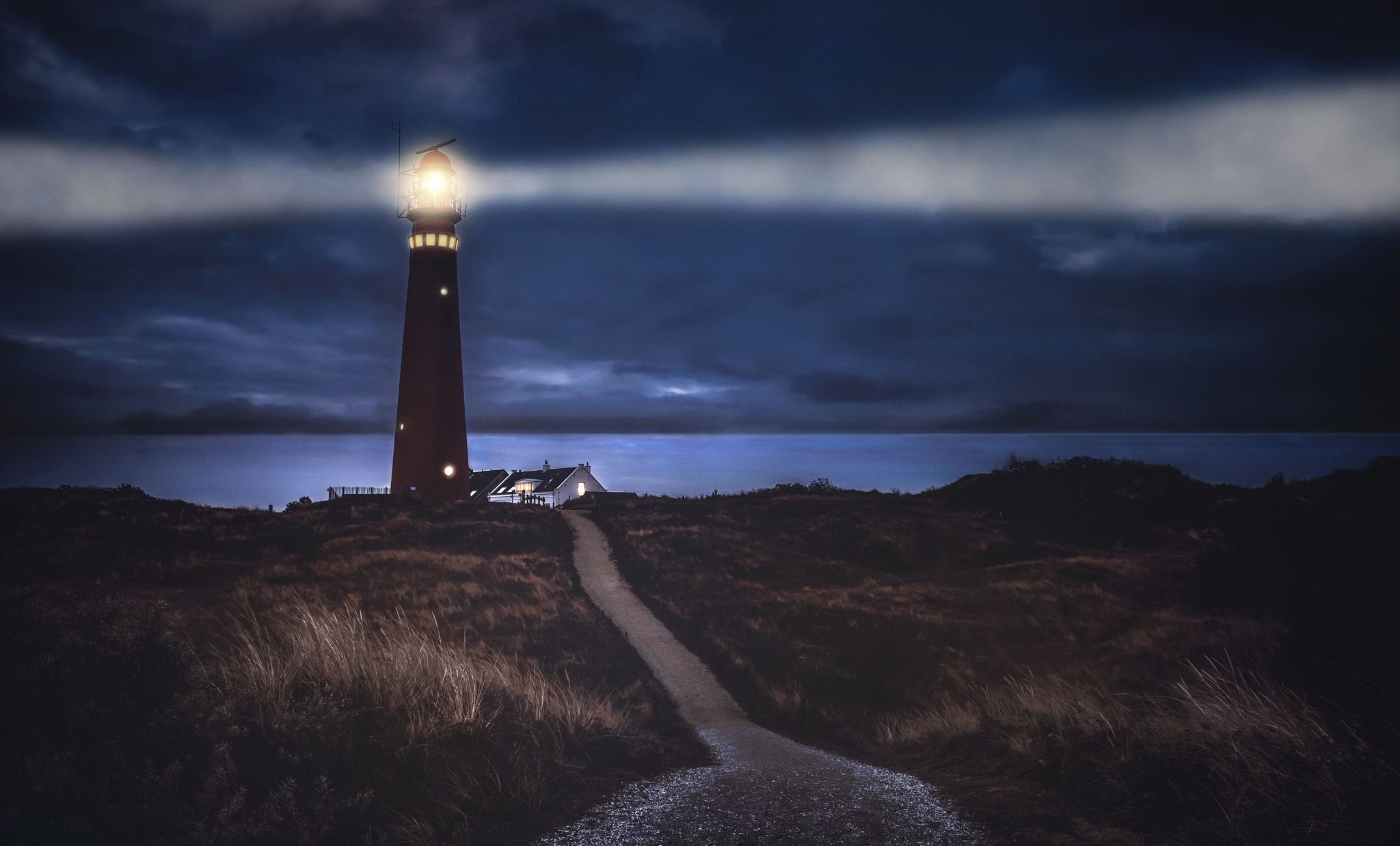 Horizon, Sea, Lighthouse, Night, Nature Wallpaper