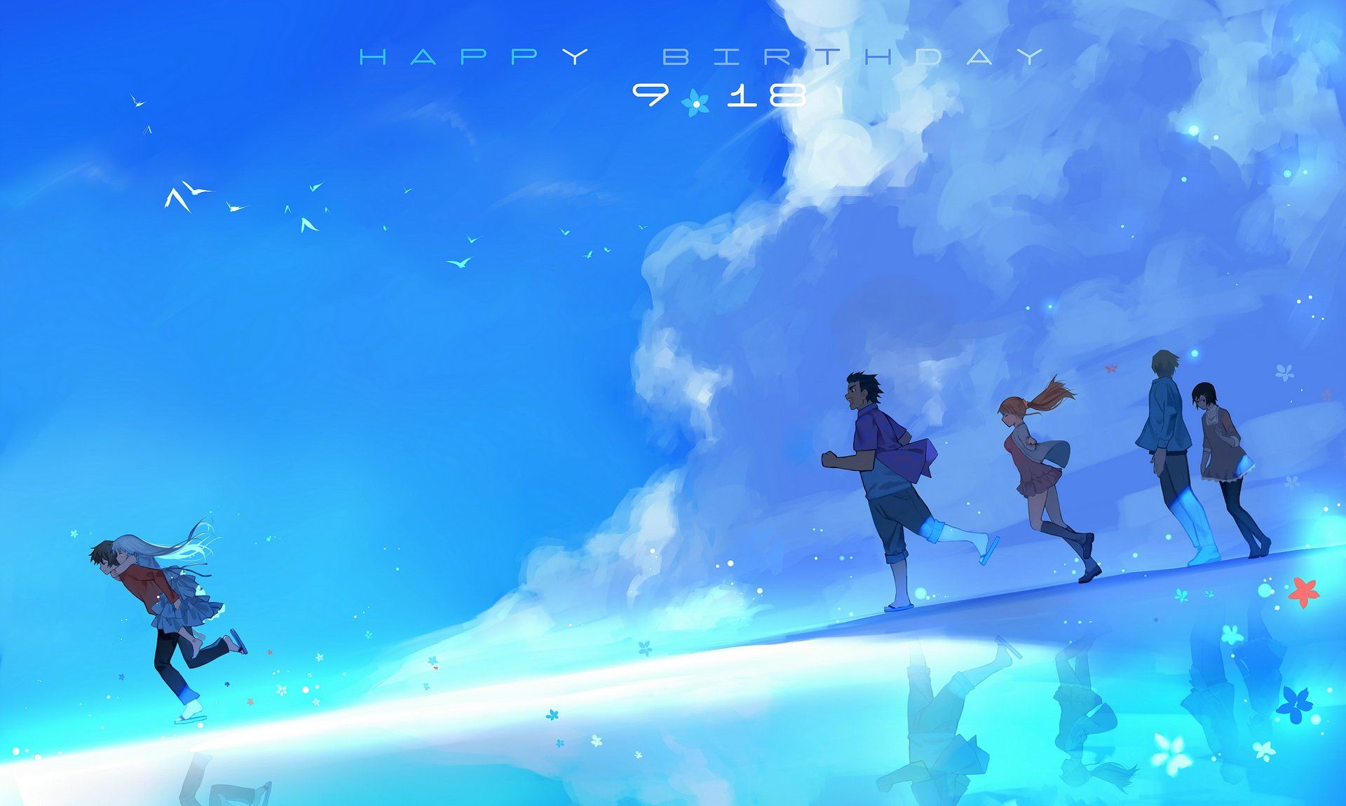 Anjou naruko clouds group honma meiko joseph lee jpeg artifacts long hair male short hair skirt sky tsurumi chiriko twintails water yadomi jinta wallpaperx1150