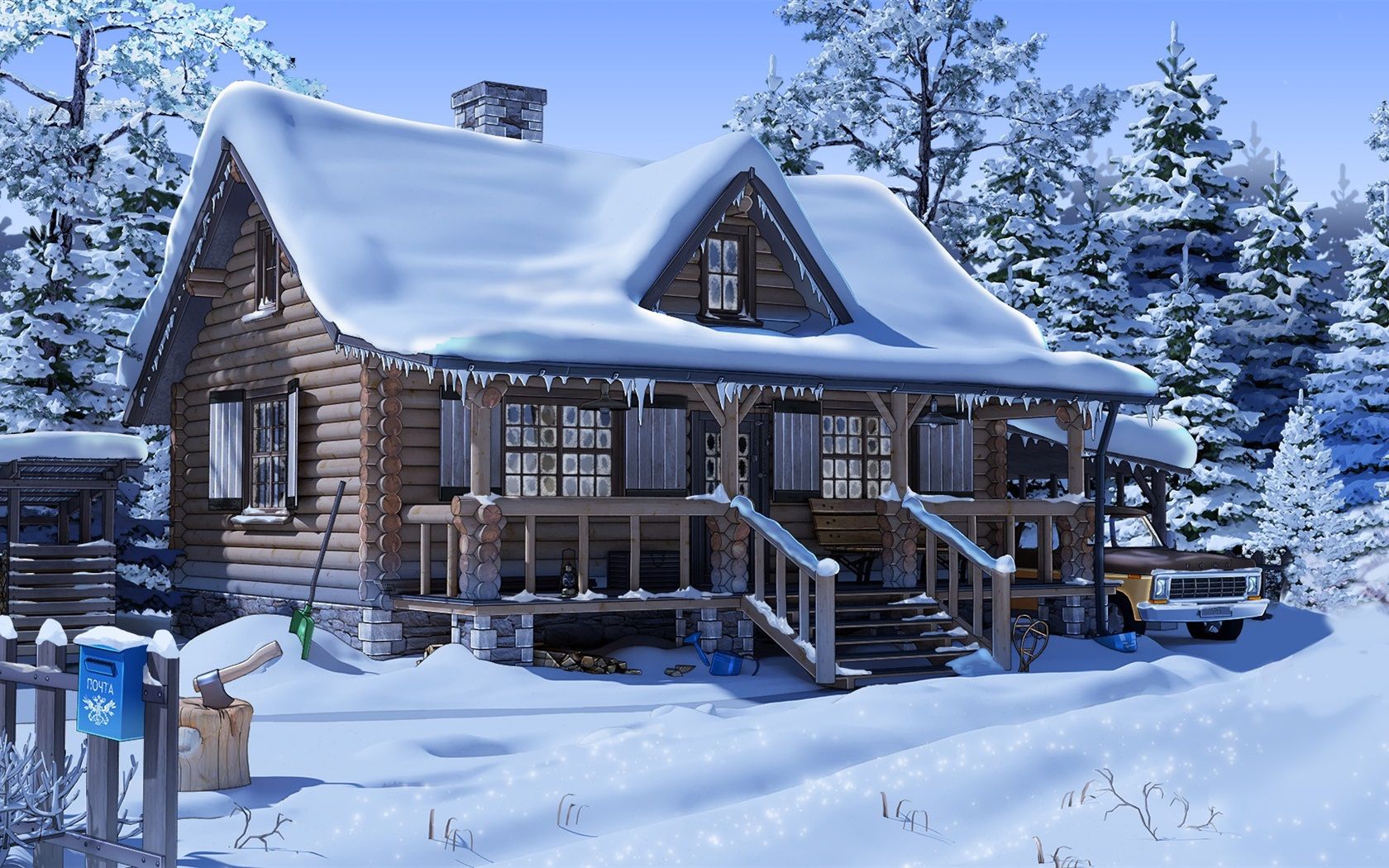 Snow, House, Trees, Car, Anime 640x960 IPhone 4 4S Wallpaper, Background, Picture, Image