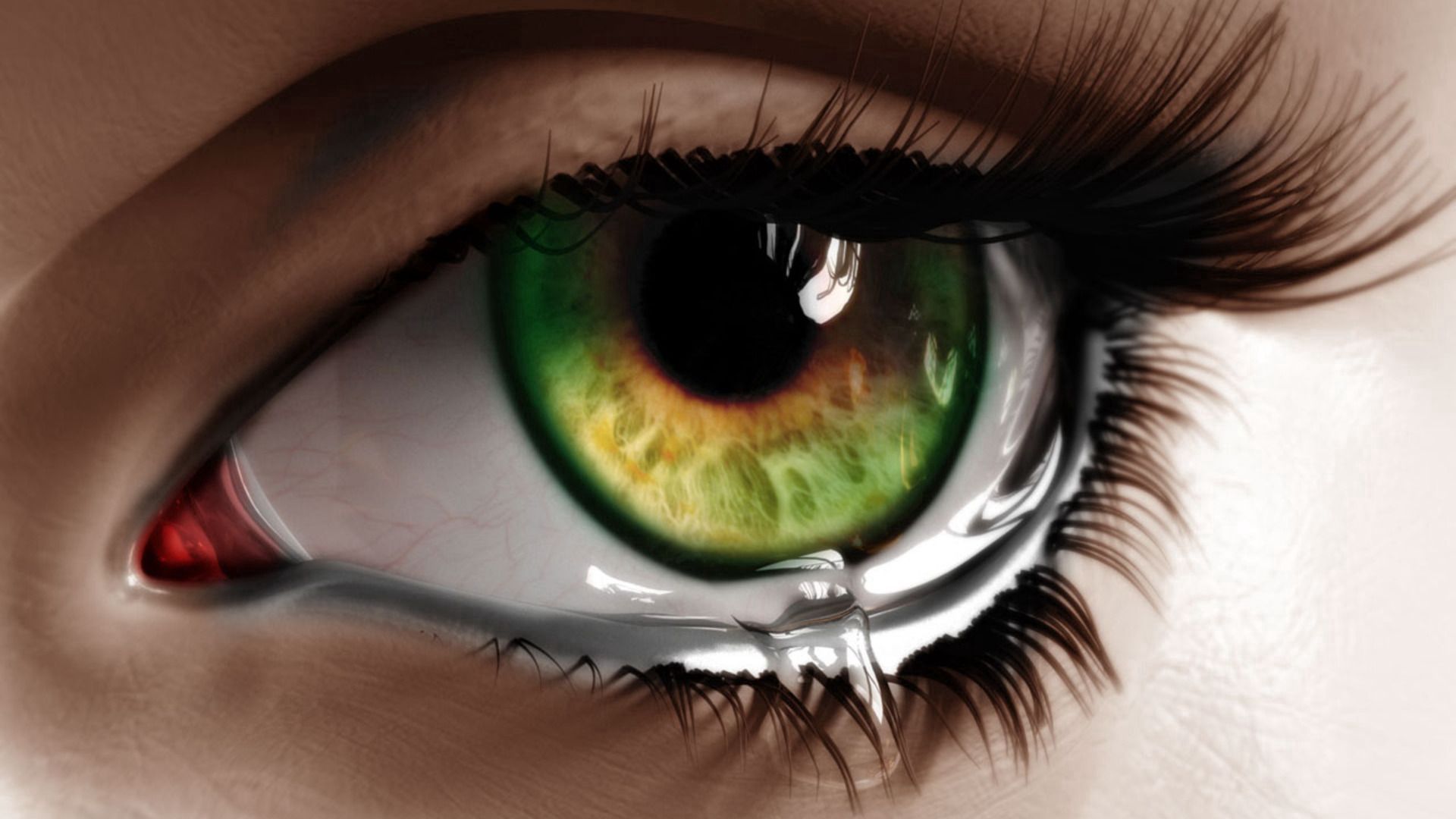 Download wallpaper 1920x1080 eye, tear, macro, green, eyelashes HD background