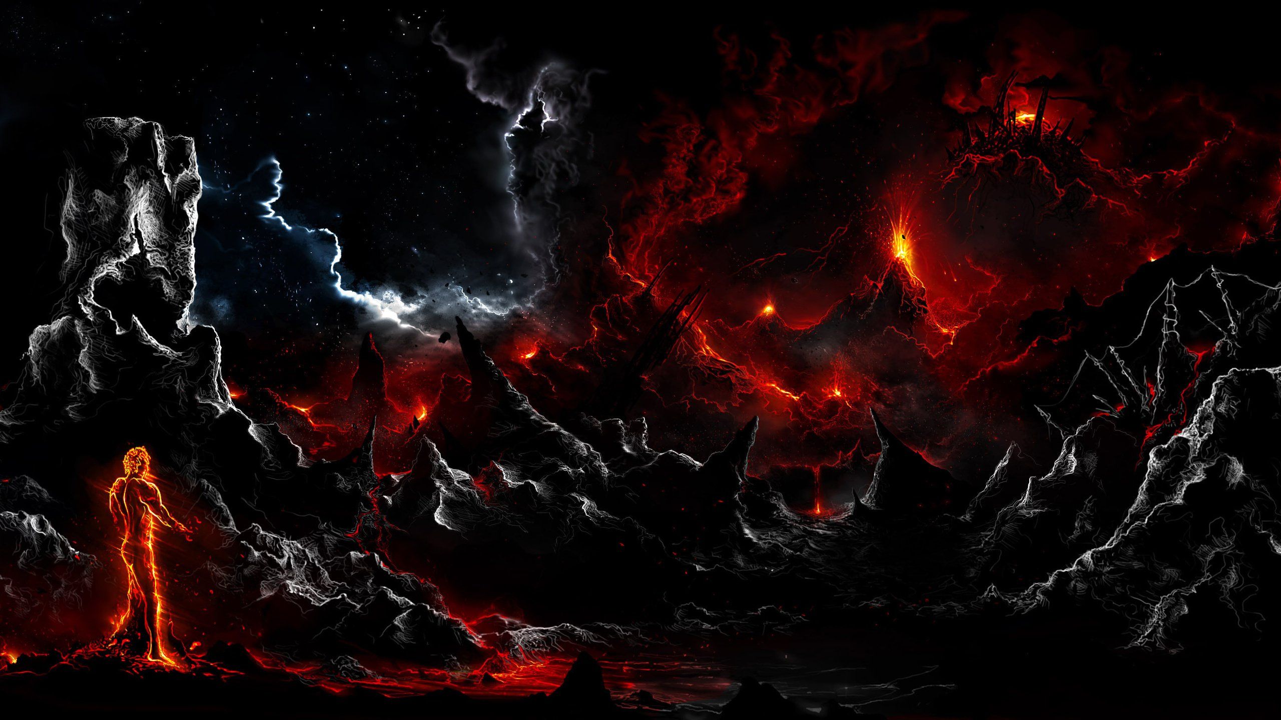 Alberto vangelista rock man fire dark art lava clouds wallpaperx1440