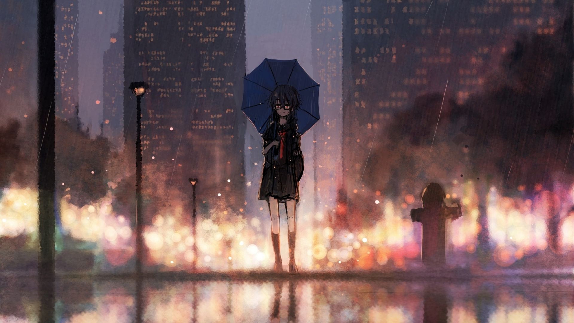 Download 1920x1080 wallpaper girl, anime, outdoor, rain, cityscape, original, full hd, hdtv, fhd, 1080p, 1920x1080 HD image, background, 16683
