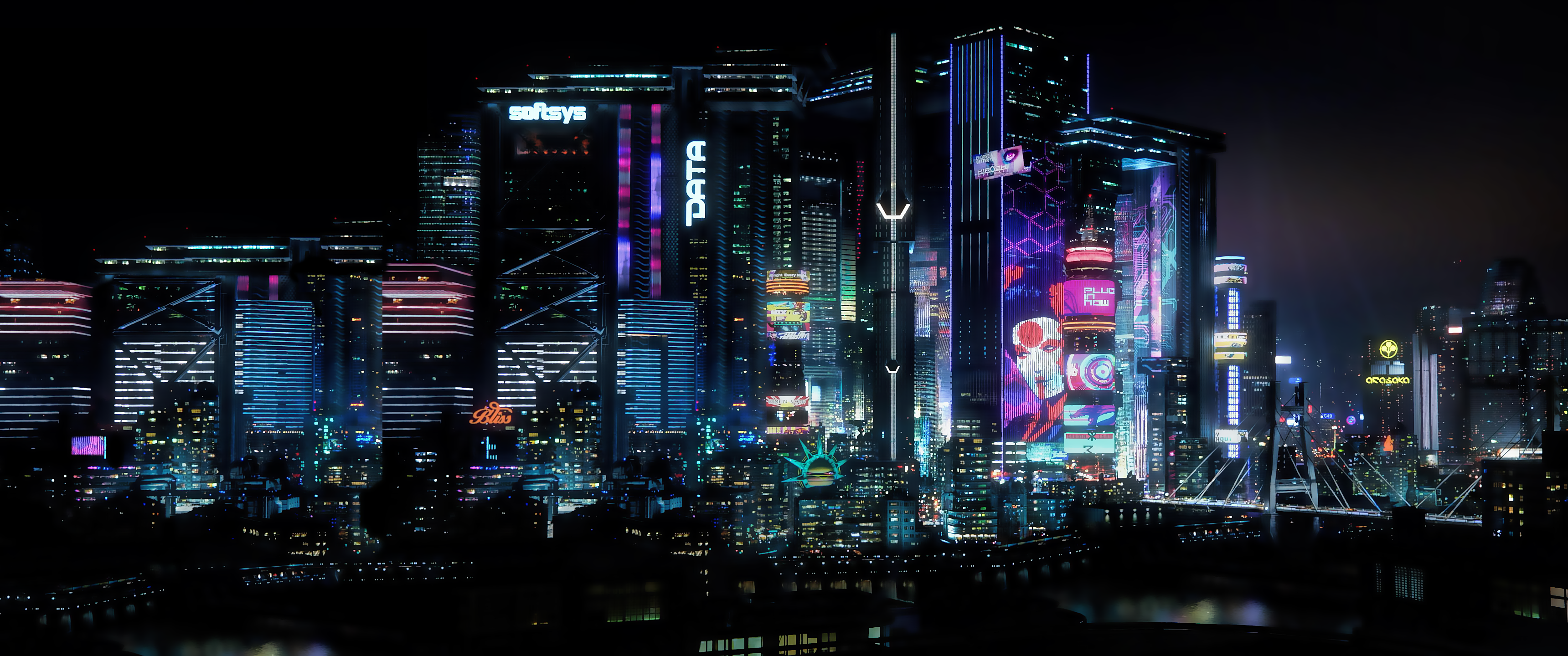Night City wallpapers from E3 2019 trailer, extended to 3440x1440, not perf...