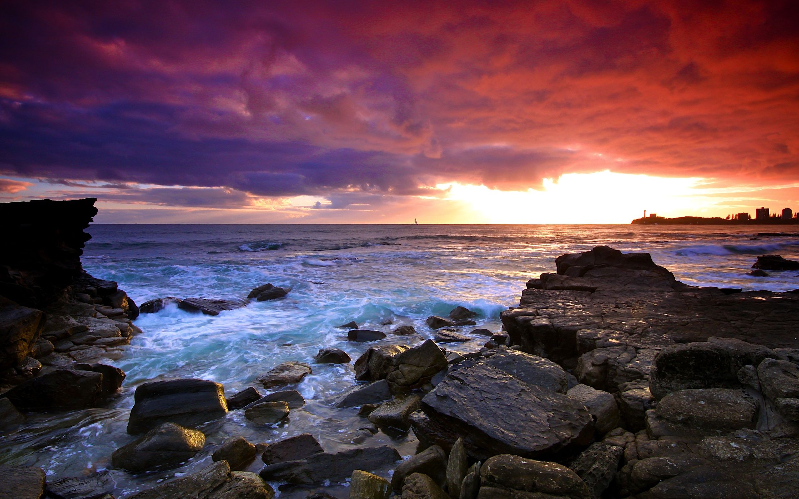 Sunset sea rocks landscape wallpaperx1600
