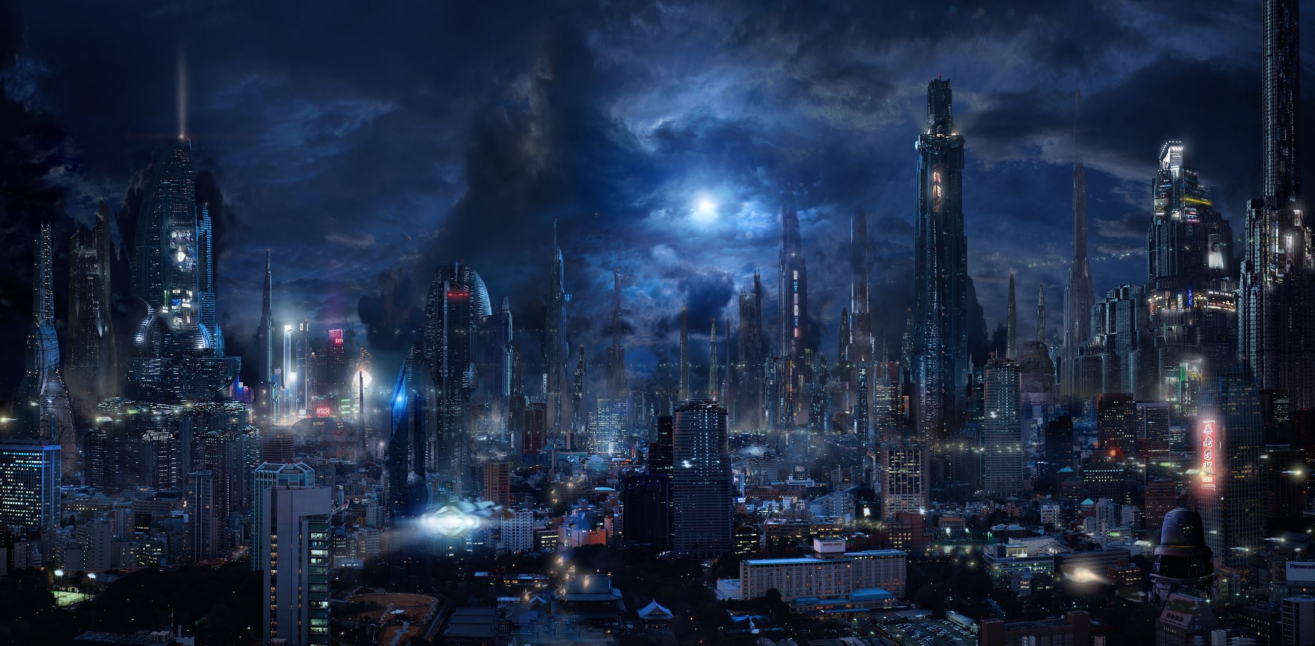 Futuristic City, Sci Fi, Skyscrapers, Night, Dark City, Flying Vehicles