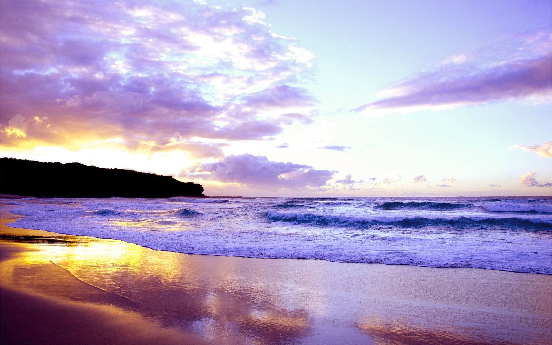 Landscape Sea Sunset Waves Beach - [1920 x 1200]