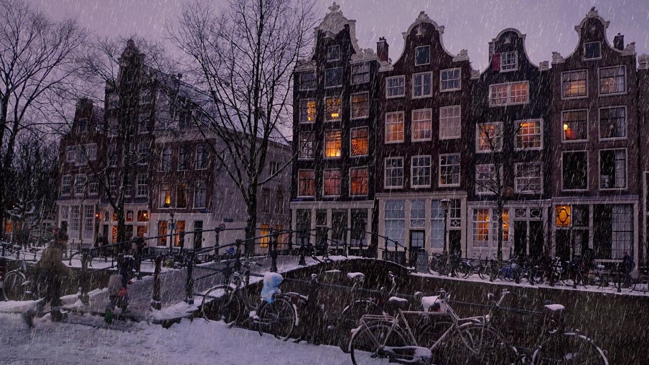 Desktop Wallpaper Amsterdam Netherlands Winter bridge Snow Cities