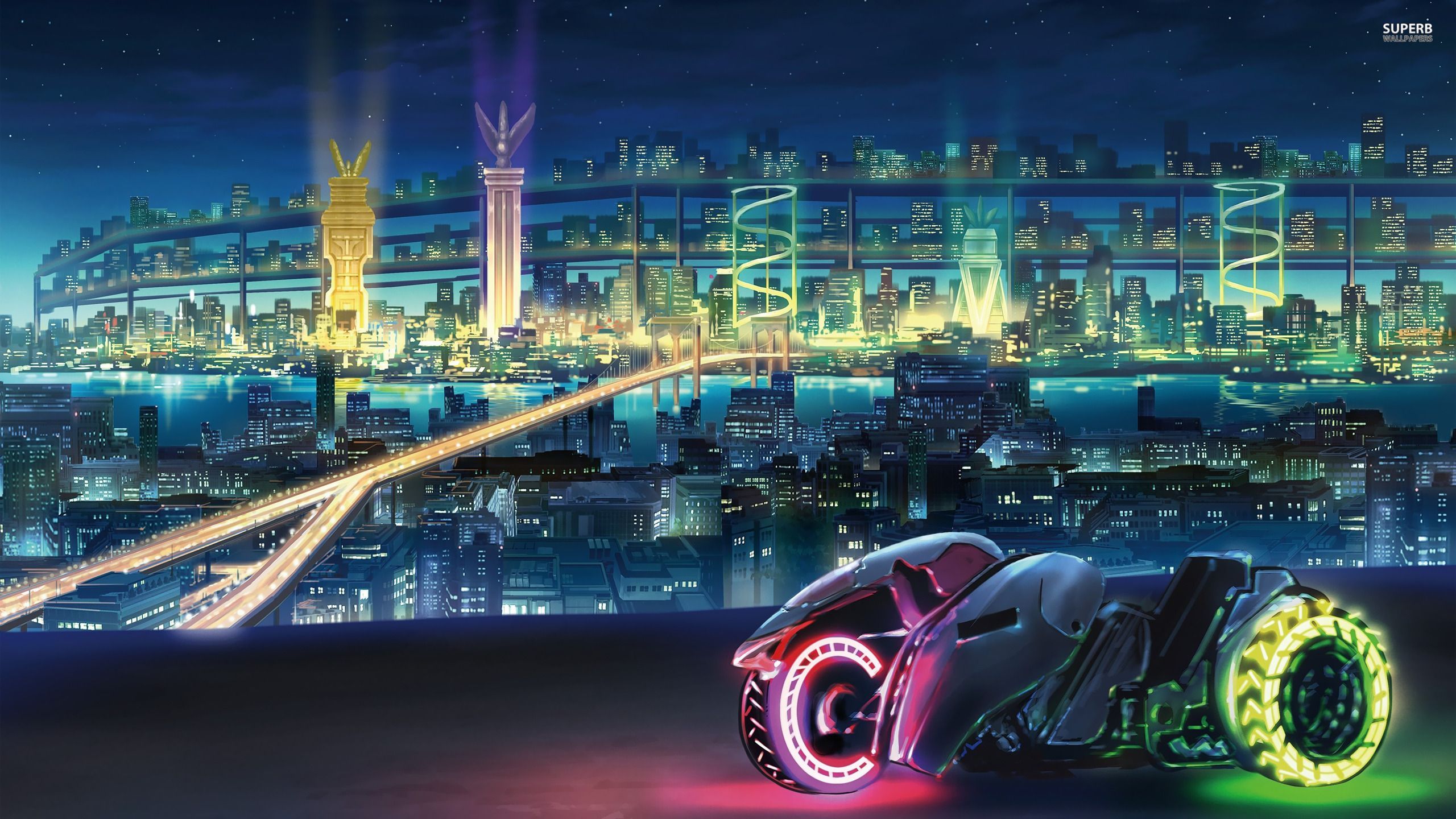 Modern neon bike in futuristic city. Futuristic city, City wallpaper, Neon wallpaper