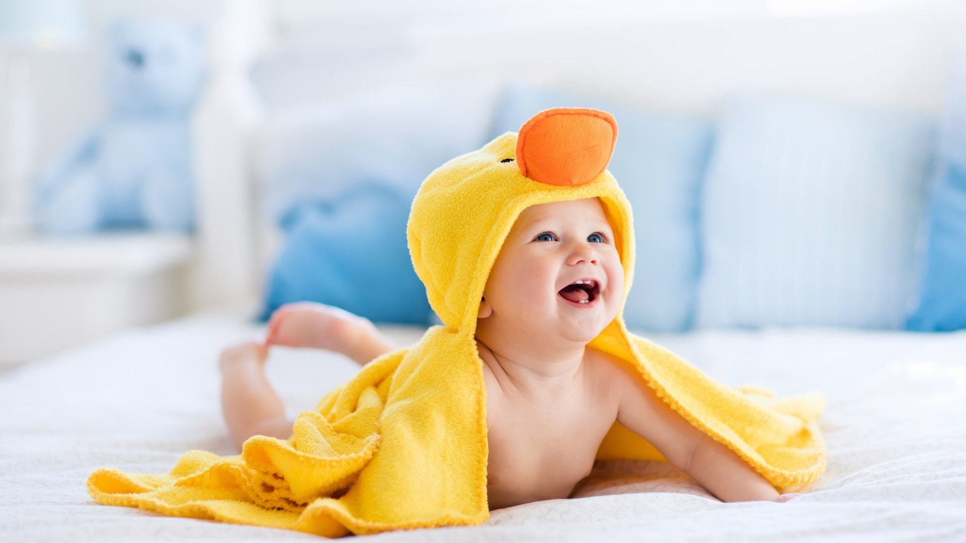 Wallpaper Cute baby, Laugh, After bath, Duck towel, Yellow, 4K, 8K, Cute,. Wallpaper for iPhone, Android, Mobile and Desktop