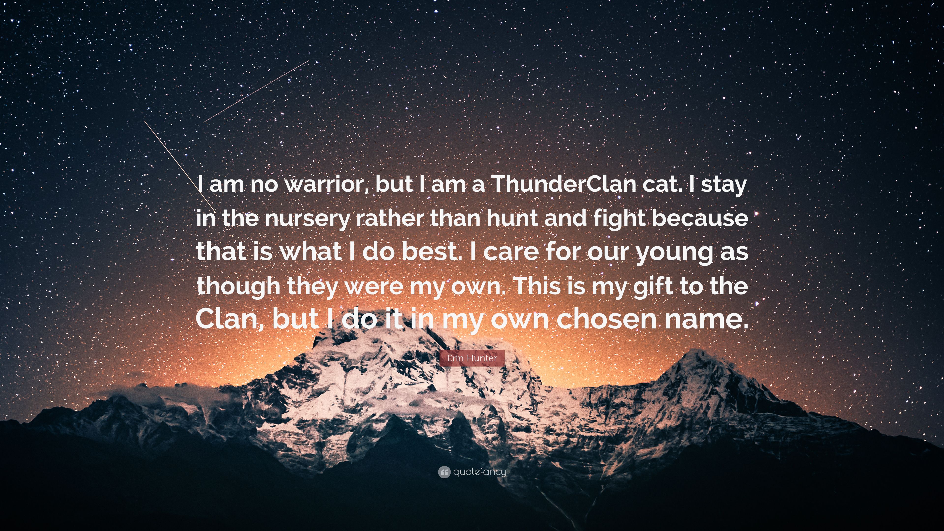 Erin Hunter Quote: “I am no warrior, but I am a ThunderClan cat. I stay in the nursery rather than hunt and fight because that is what I do .” (7 wallpaper)