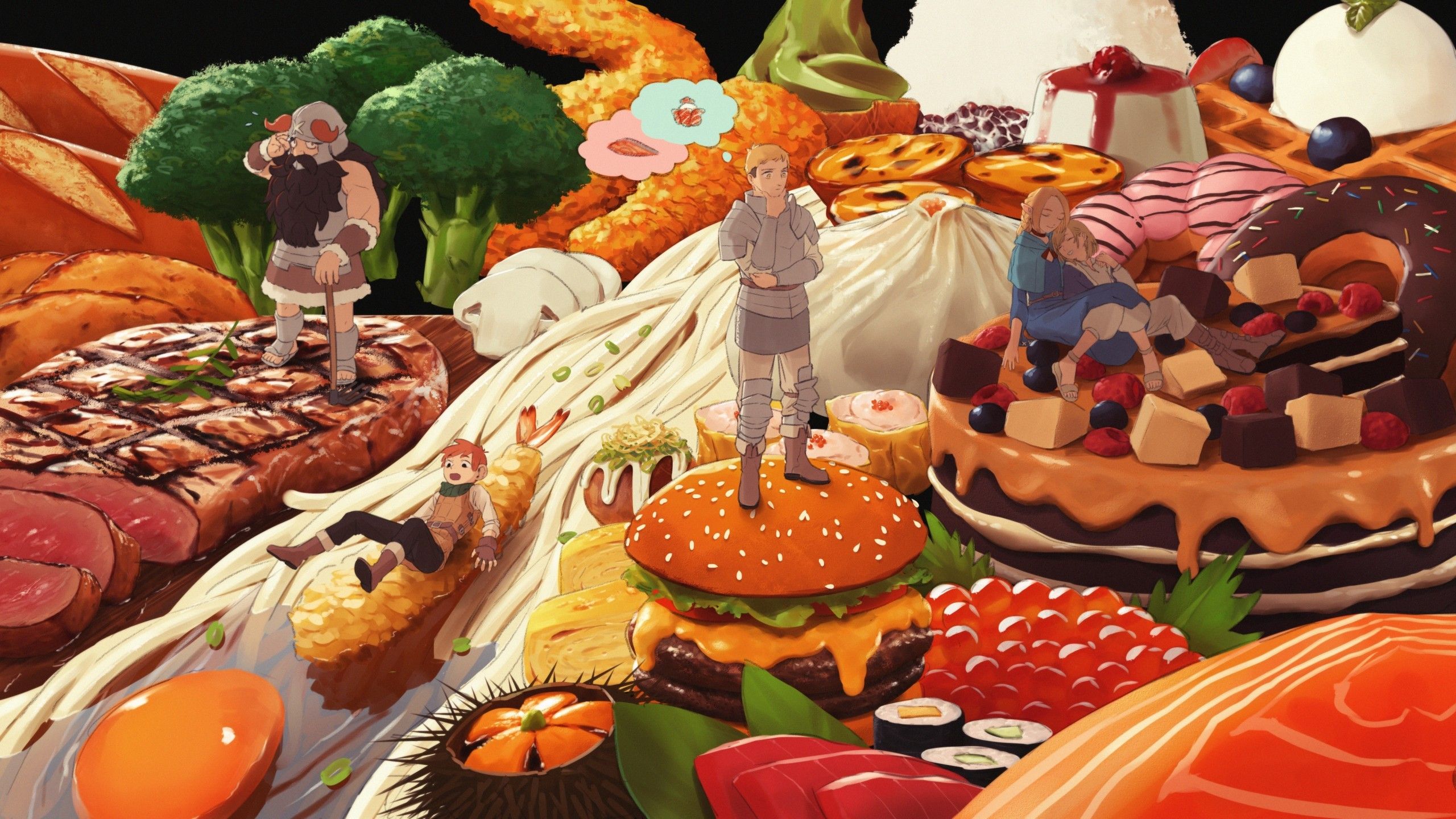 Download 2560x1440 Anime Food, Dungeon Meshi, Marcille, Senshi, Laios, Falin, Childchuck Wallpaper for iMac 27 inch