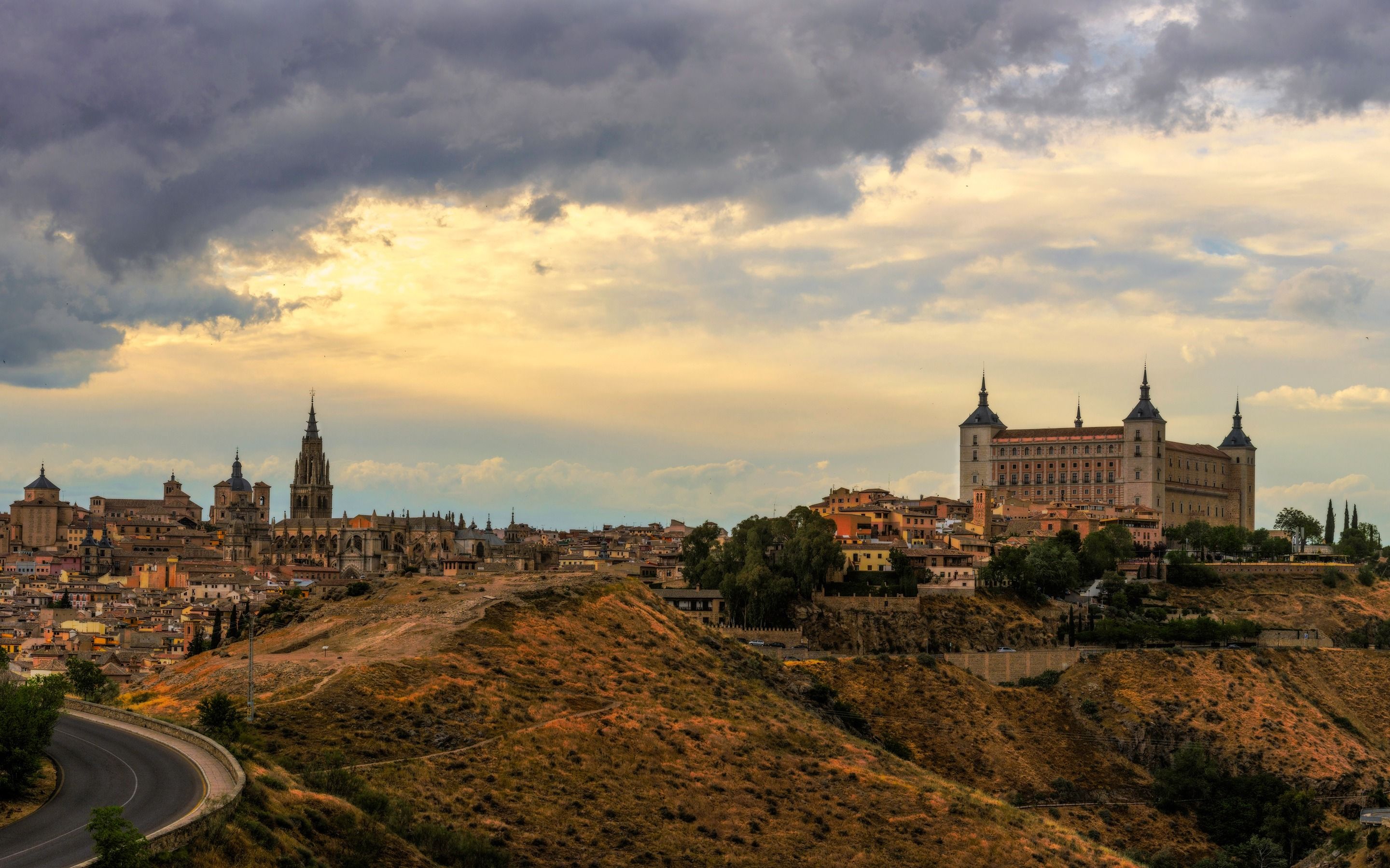 Download wallpaper Toledo, autumn, Alcazar of Toledo, cityscape, evening, sunset, Spain for desktop with resolution 2880x1800. High Quality HD picture wallpaper