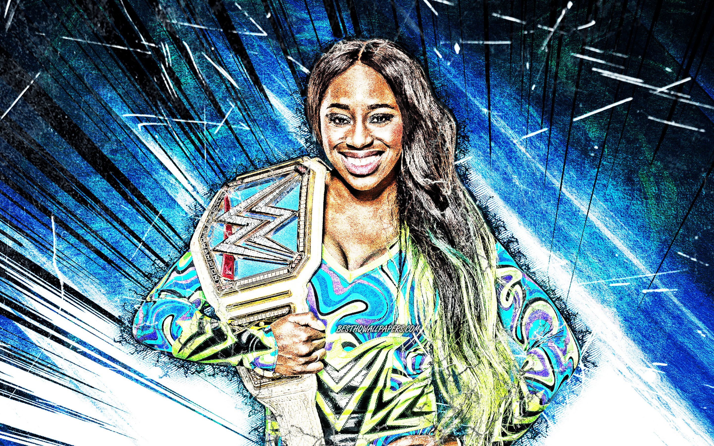 Download wallpaper Naomi, WWE, grunge art, american wrestlers, wrestling, Trinity Fatu, female wrestlers, blue abstract rays, wrestlers for desktop with resolution 2880x1800. High Quality HD picture wallpaper