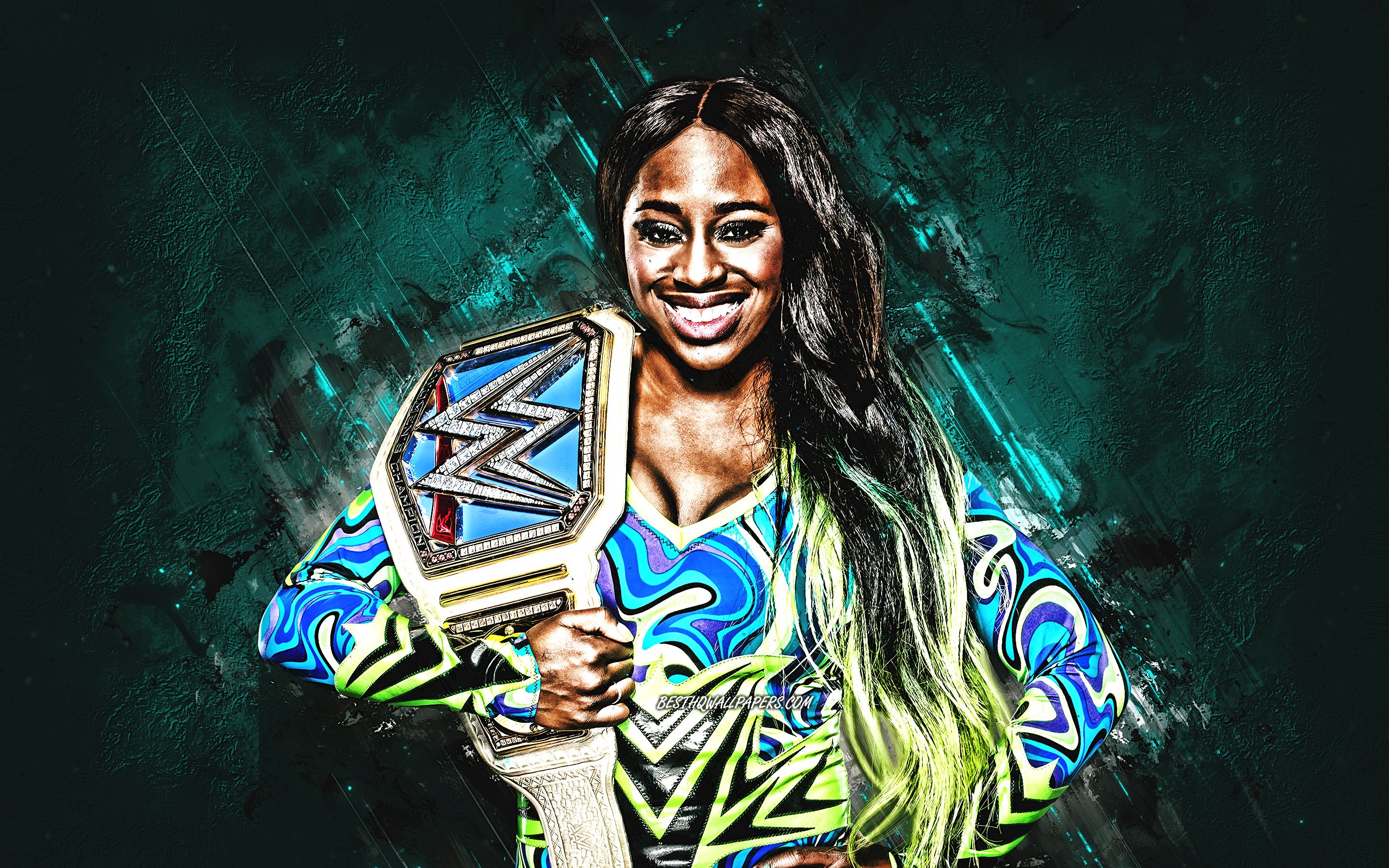 Download wallpaper Naomi, American wrestler, portrait, blue background, WWE, Trinity McCray, creative art, USA for desktop with resolution 2880x1800. High Quality HD picture wallpaper