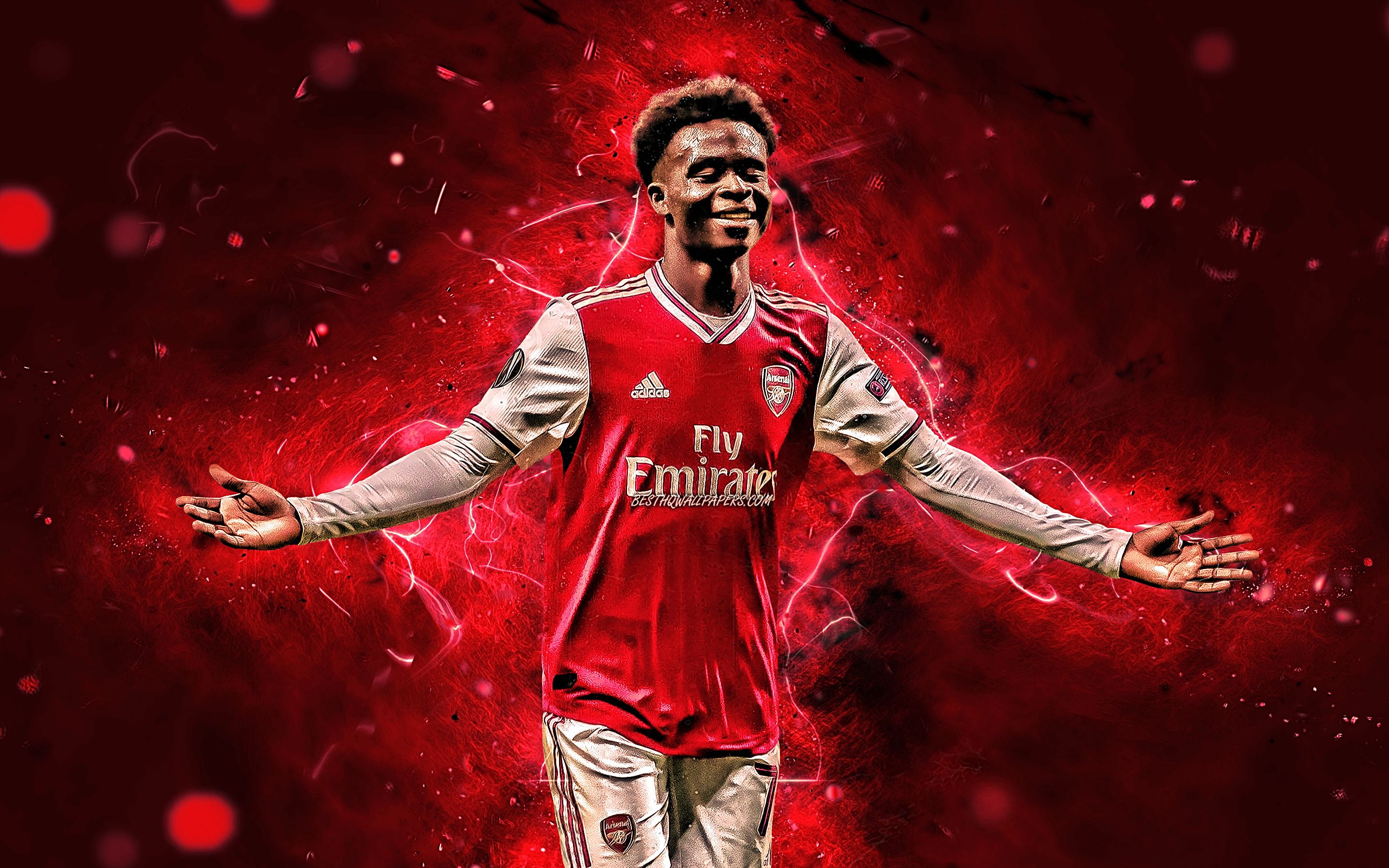 Download wallpaper Bukayo Saka, English footballers, Arsenal FC, neon lights, Saka, soccer, Premier League, football, The Gunners for desktop with resolution 2880x1800. High Quality HD picture wallpaper