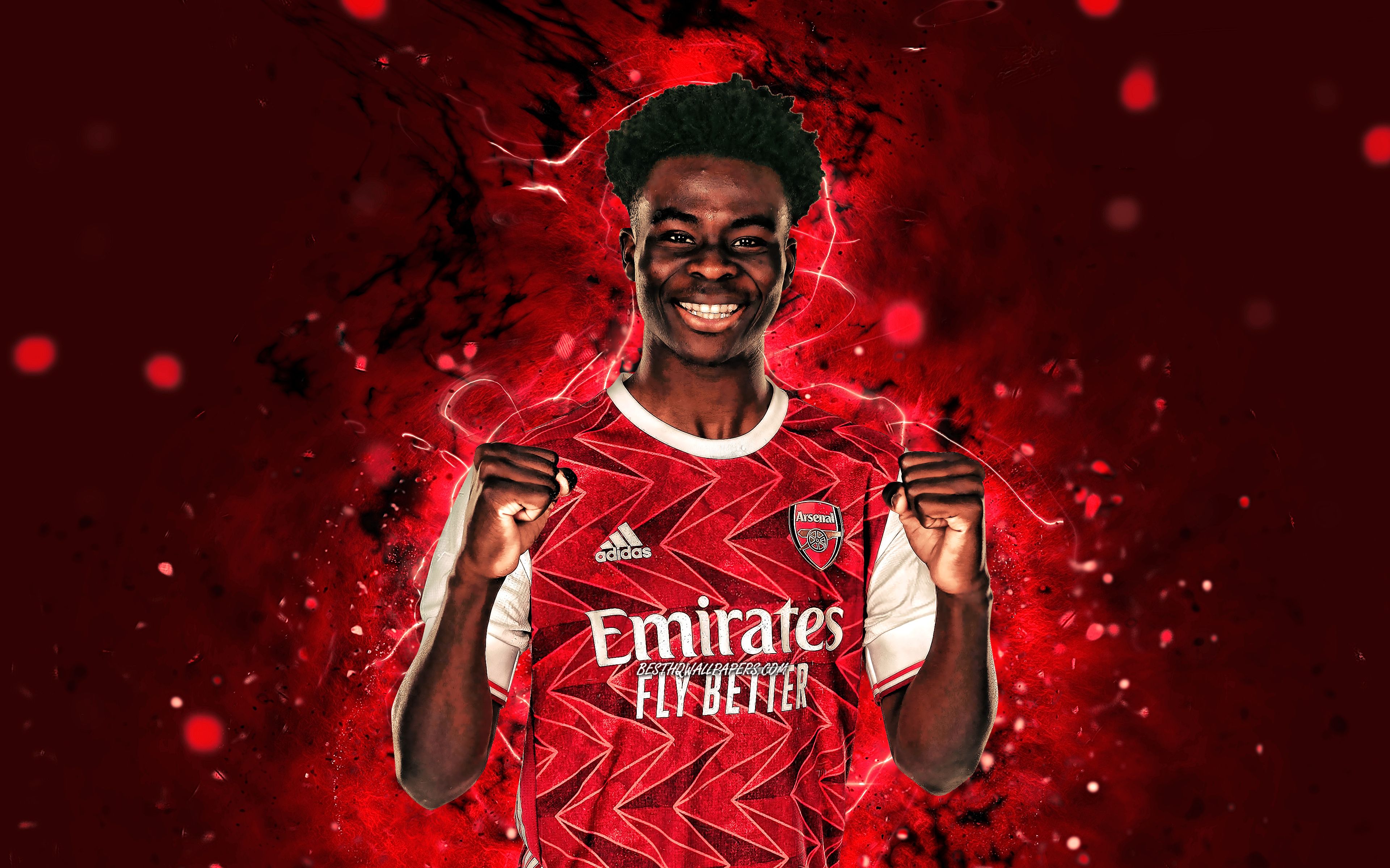Download wallpaper Bukayo Saka, 4k, English footballers, Arsenal FC, neon lights, soccer, Premier League, football, The Gunners, Bukayo Saka Arsenal for desktop with resolution 3840x2400. High Quality HD picture wallpaper