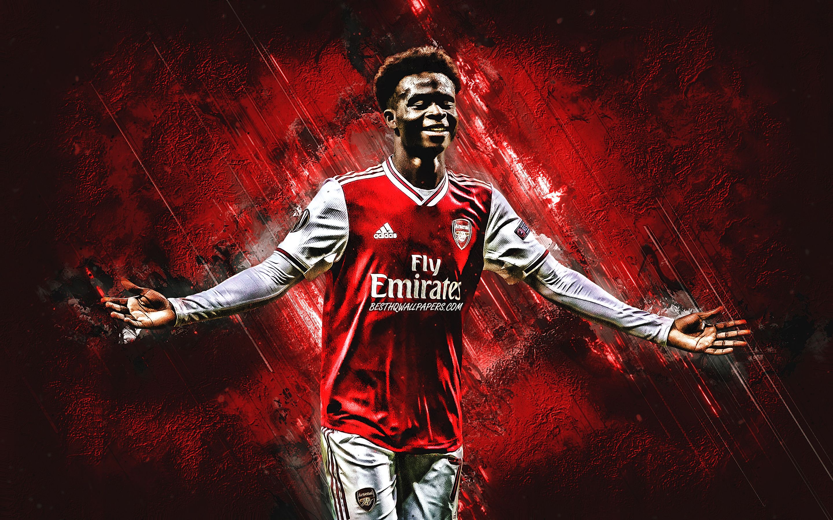 Download wallpaper Bukayo Saka, Arsenal FC, English football player, portrait, red stone background, Premier League, football, England for desktop with resolution 2880x1800. High Quality HD picture wallpaper