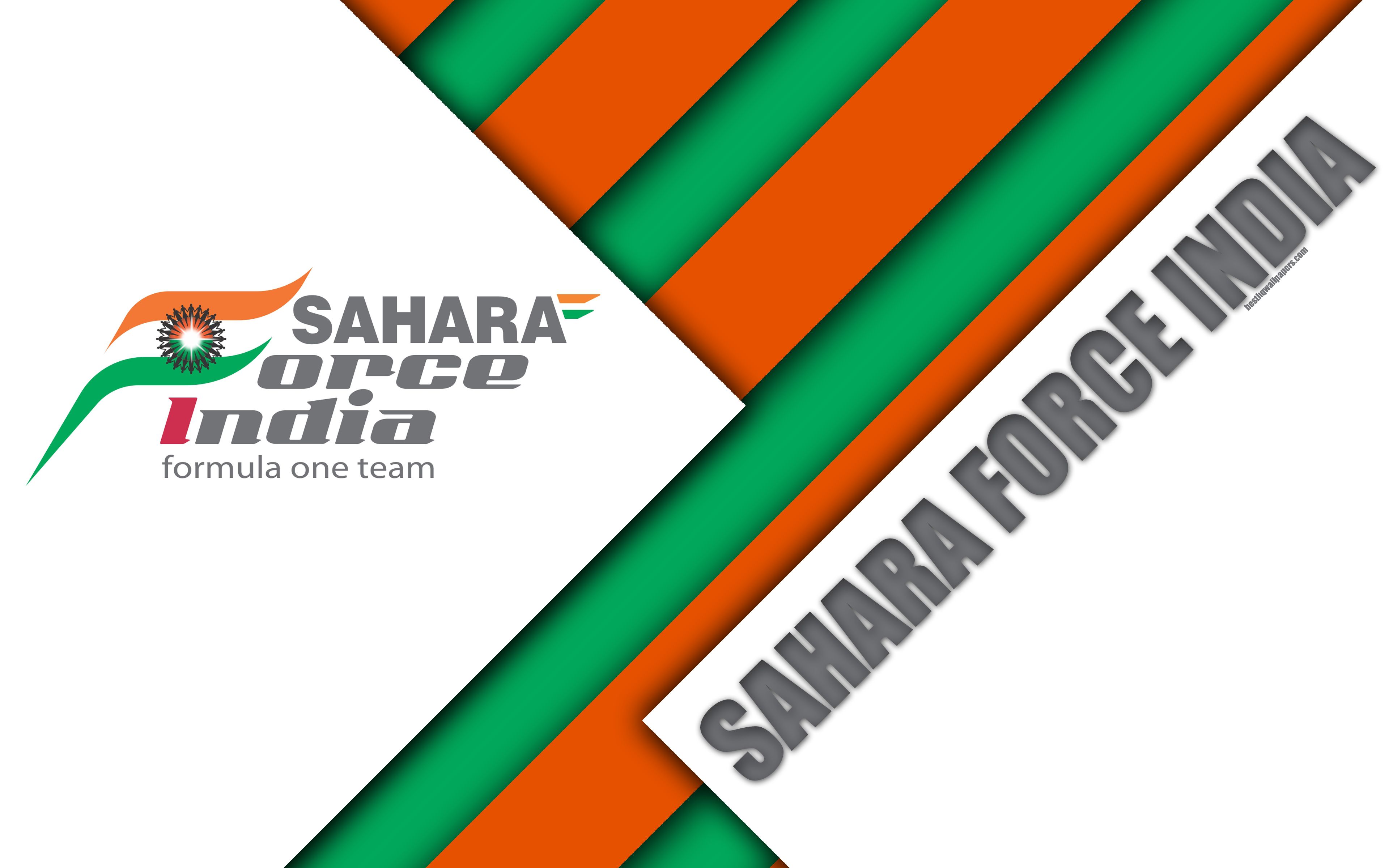 Download wallpaper Sahara Force India F1 Team, Silverstone, United Kingdom, 4k, Formula 1, emblem, material design, white abstraction, Force India logo, season 2018, F1 race for desktop with resolution 3840x2400. High Quality
