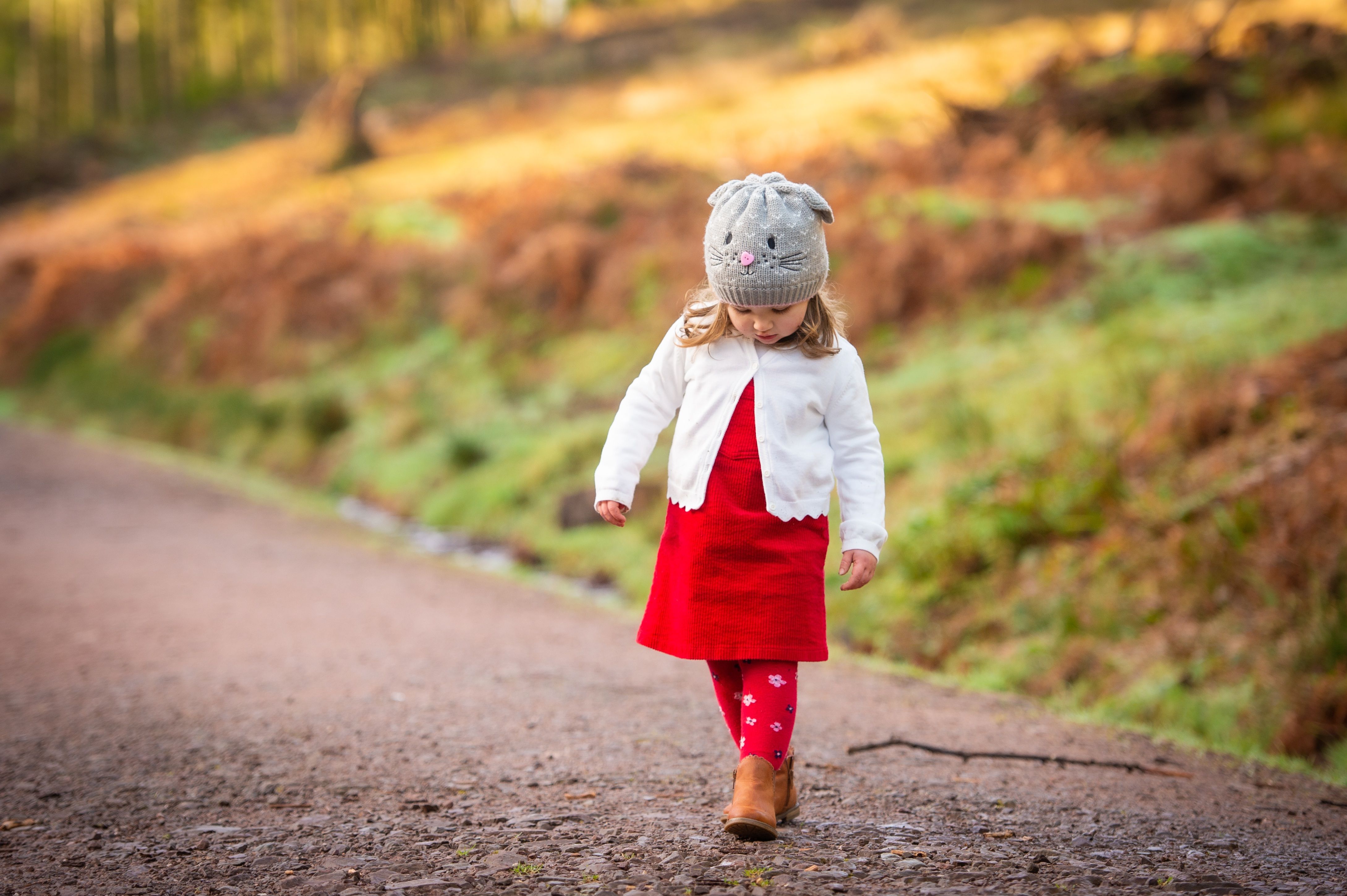 Cute Girl Wallpaper 4K, Child, Adorable, Road, Red dress, Winter, Cold, Cute