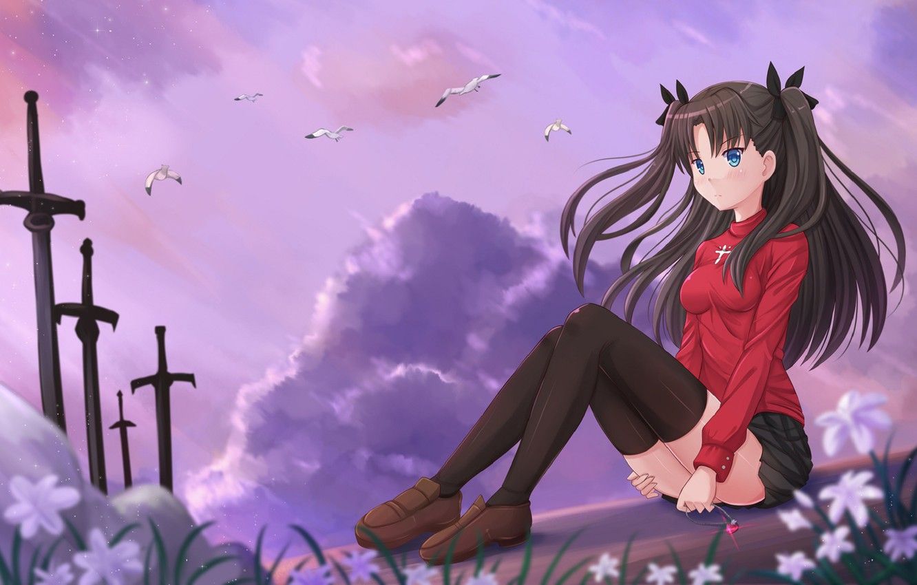 Wallpaper girl, nature, sitting, Tohsaka Rin, Fate stay night, Fate / Stay Night image for desktop, section сёнэн