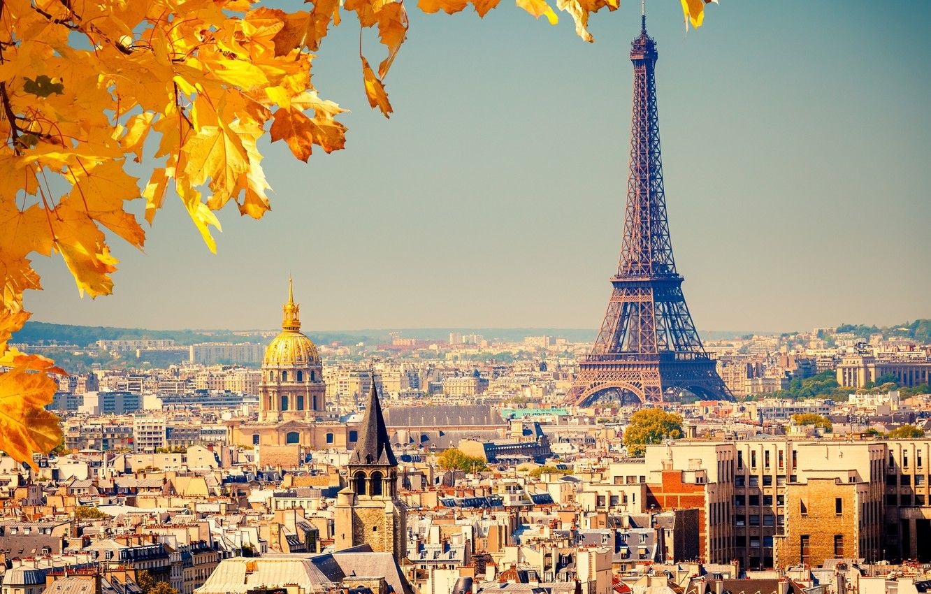 Wallpaper autumn, leaves, the city, background, France, Paris, view, building, home, yellow, roof, panorama, Eiffel tower, Paris, France, dome image for desktop, section город