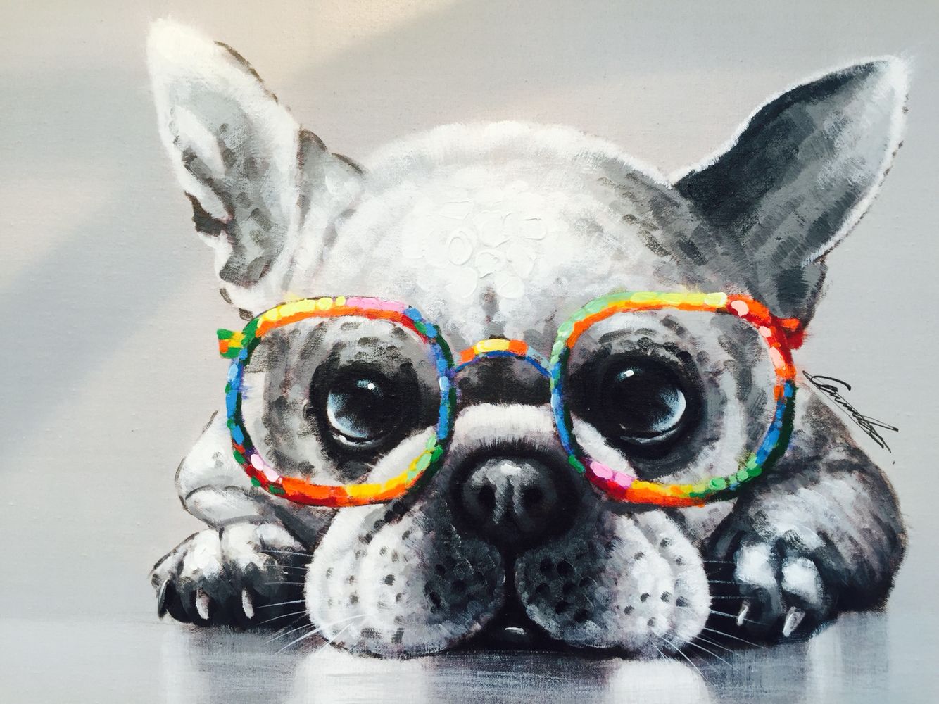 Canvas picture with dog in colourful glasses. Puppy art, Animal art, Animal paintings