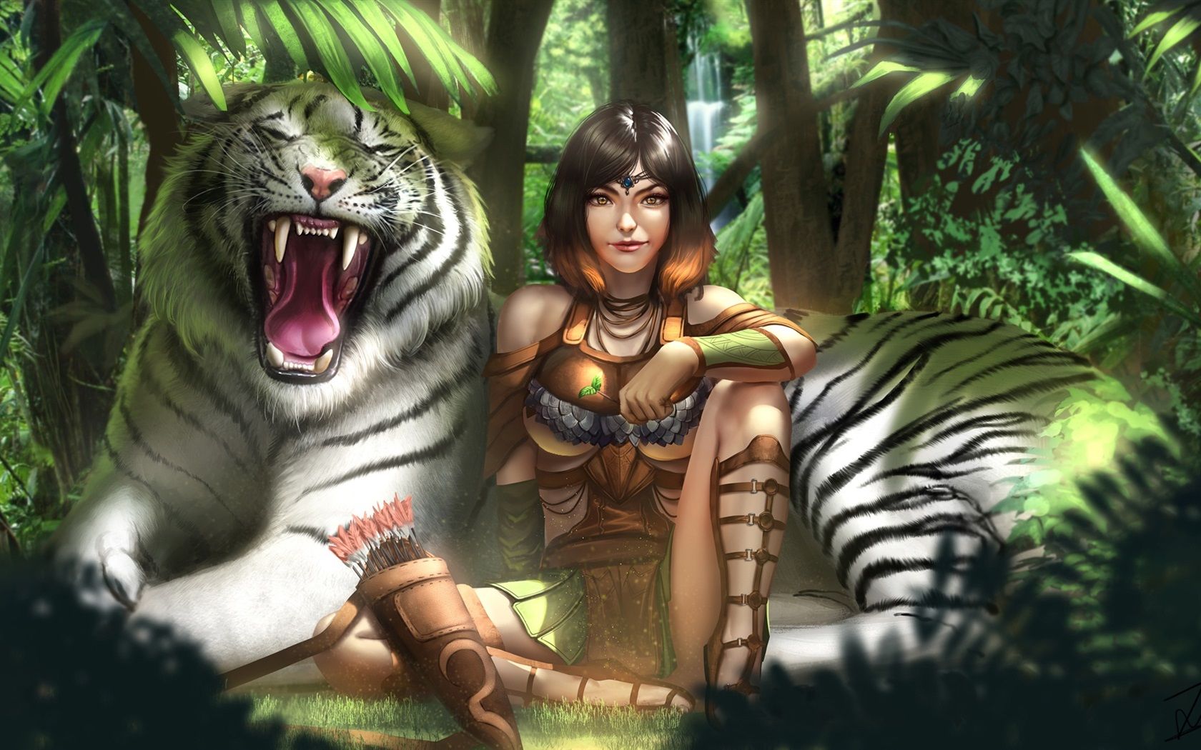 Wallpaper White tiger and girl, art drawing 1920x1080 Full HD 2K Picture, Image