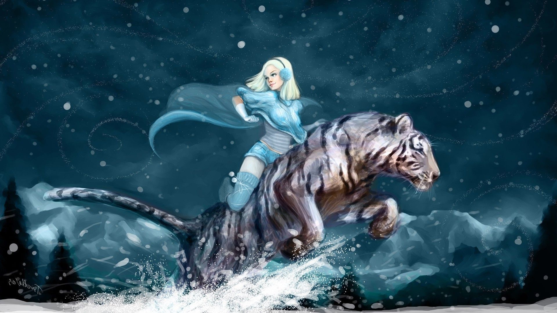 fantasy Art, Tiger, Women, Snow Wallpaper HD / Desktop and Mobile Background