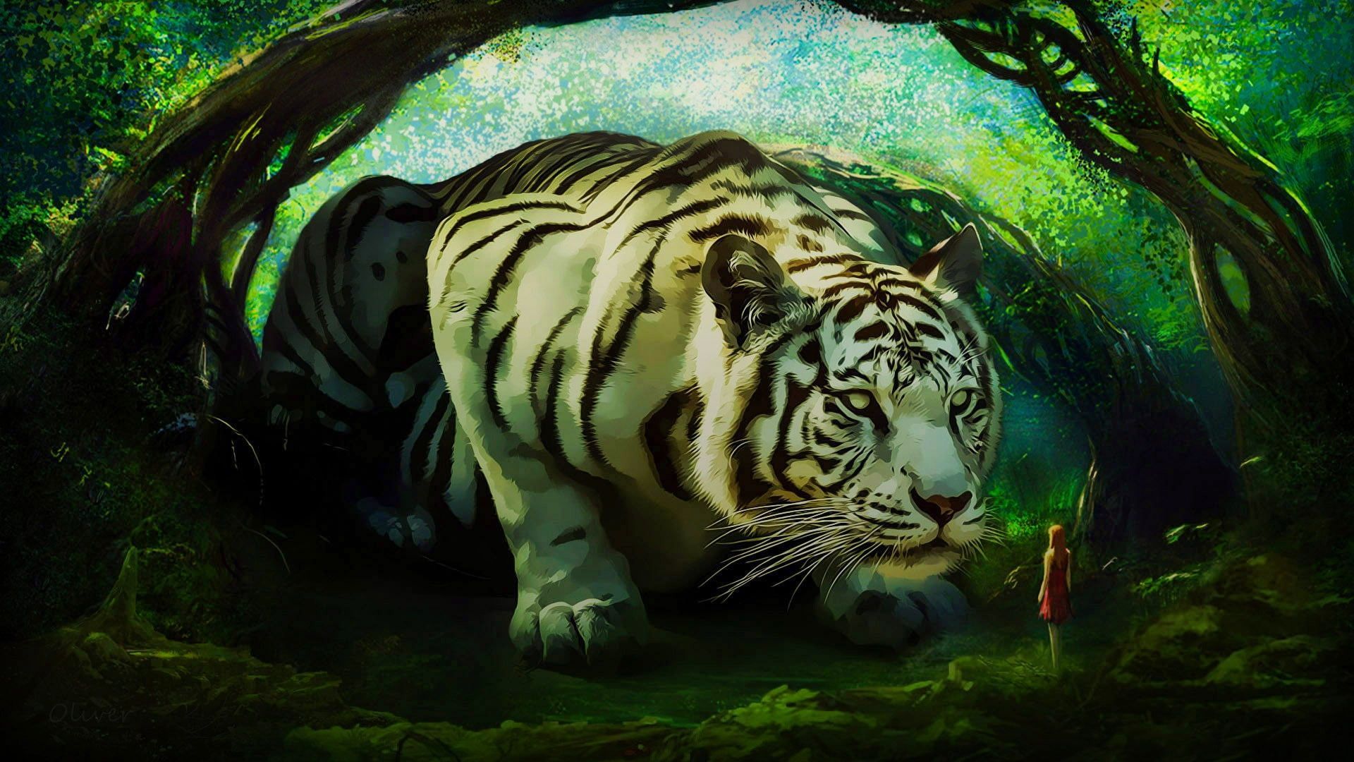 digital art #women #tiger #forest #giant fantasy art #illustration P # wallpaper #hdwallpaper #desktop