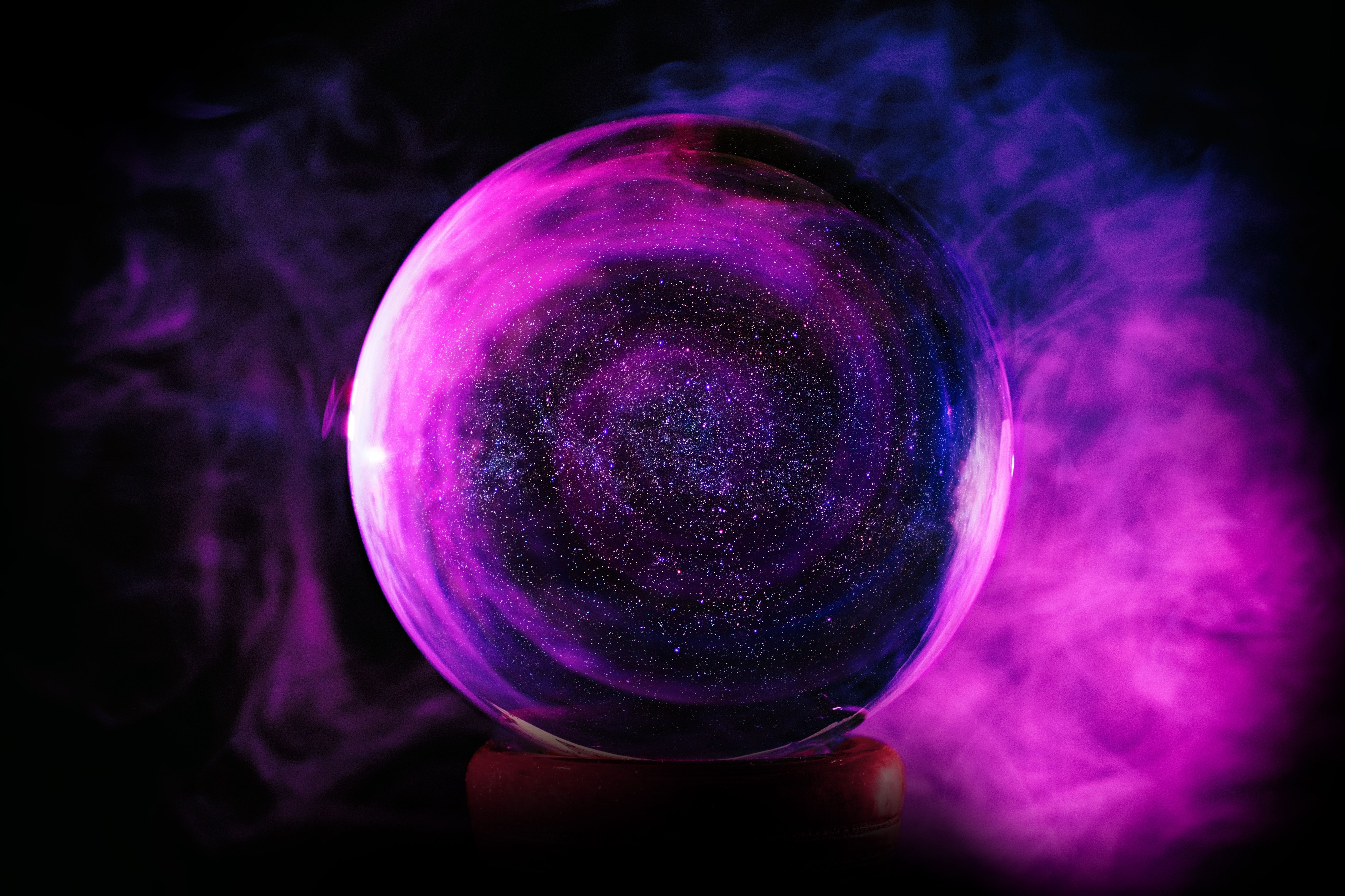Download 5412x3608 Neon Ball, Stars, Galaxy, Purple Wallpaper