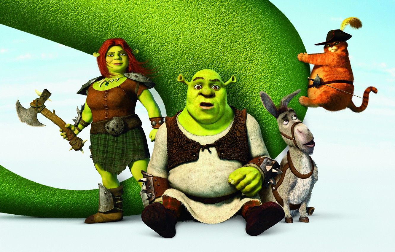 Wallpaper Shrek, cartoon, hat, poster, Ogre, sword, puss in boots, donkey, Puss in Boots, Shrek, Donkey, Fiona, Princess Fiona, Shrek Forever After, Shrek forever after image for desktop, section фильмы