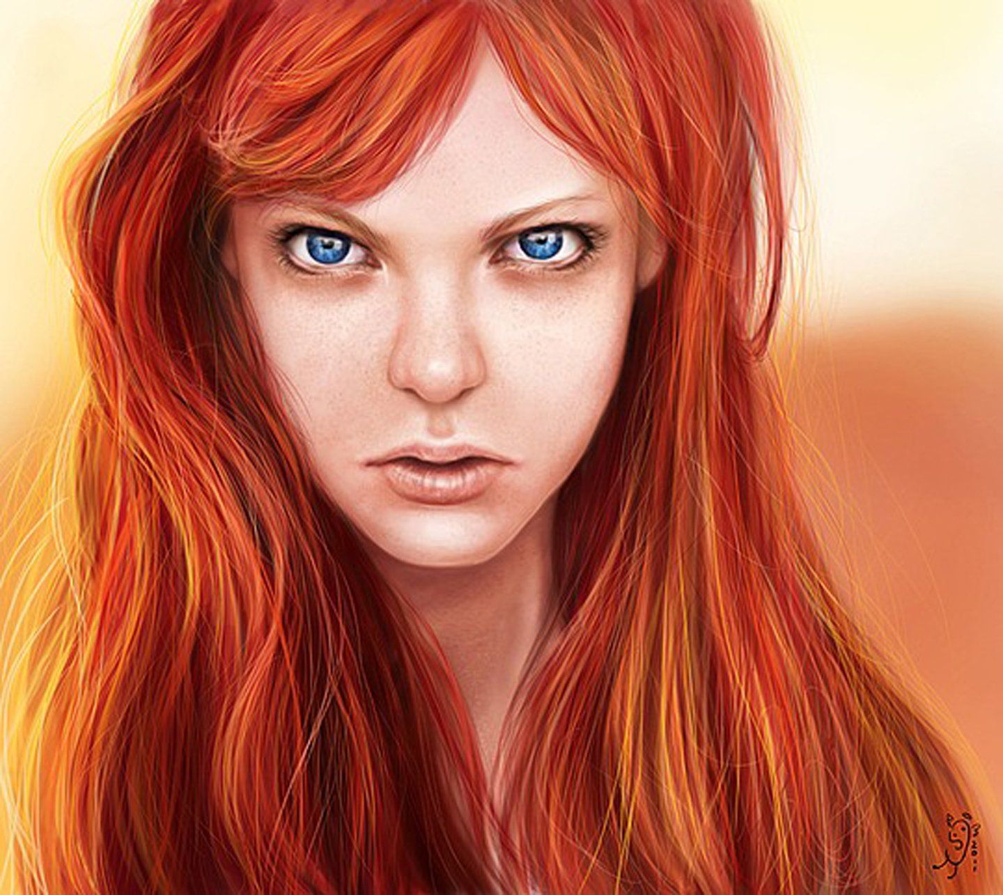 fantasy, Girl, Orange, Long, Hair, Beautiful, Face, Blue, Eyes, Angry, Face Wallpaper HD / Desktop and Mobile Background