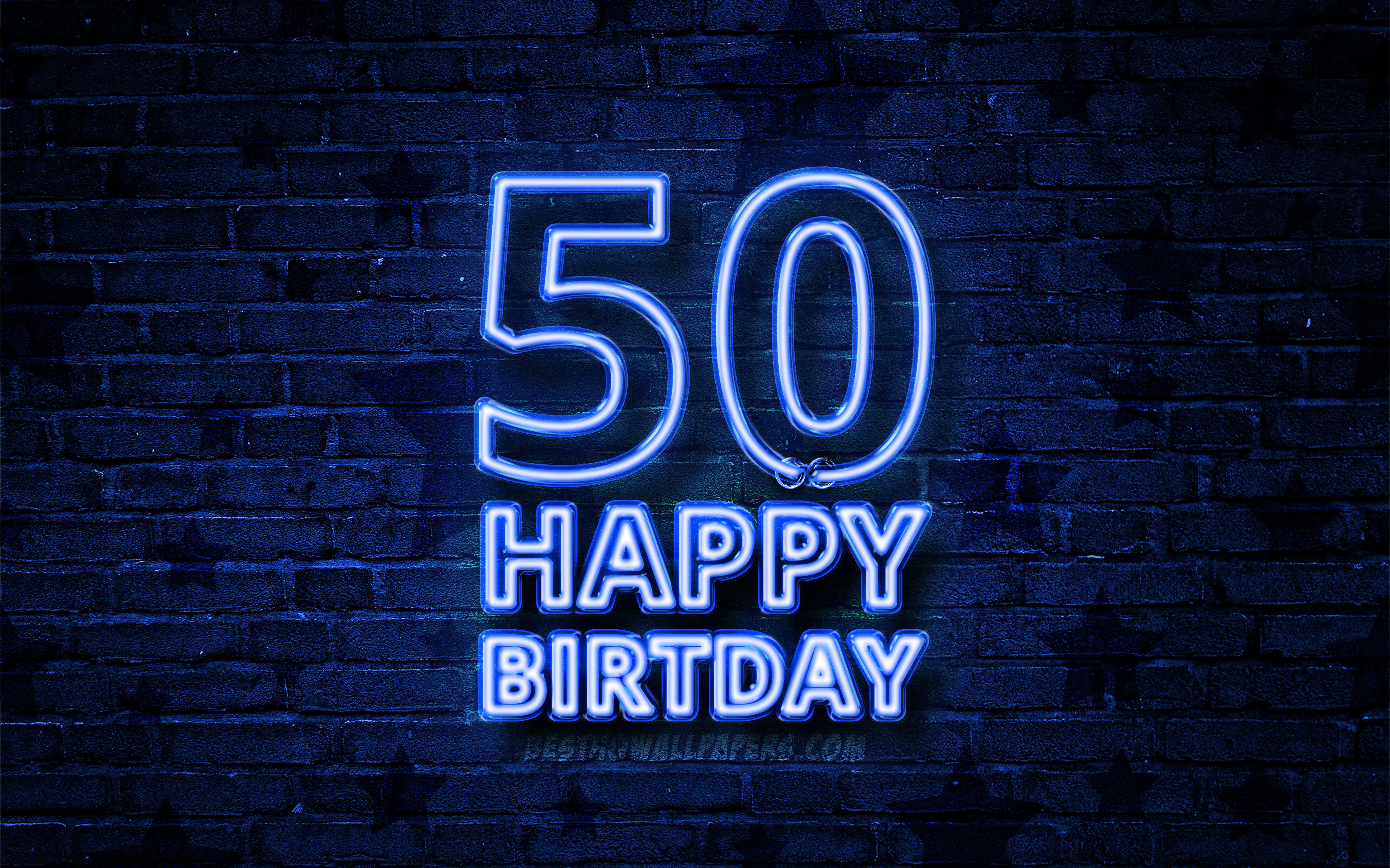 Download wallpaper Happy 50 Years Birthday, 4k, blue neon text, 50th Birthday Party, blue brickwall, Happy 50th birthday, Birthday concept, Birthday Party, 50th Birthday for desktop with resolution 3840x2400. High Quality HD