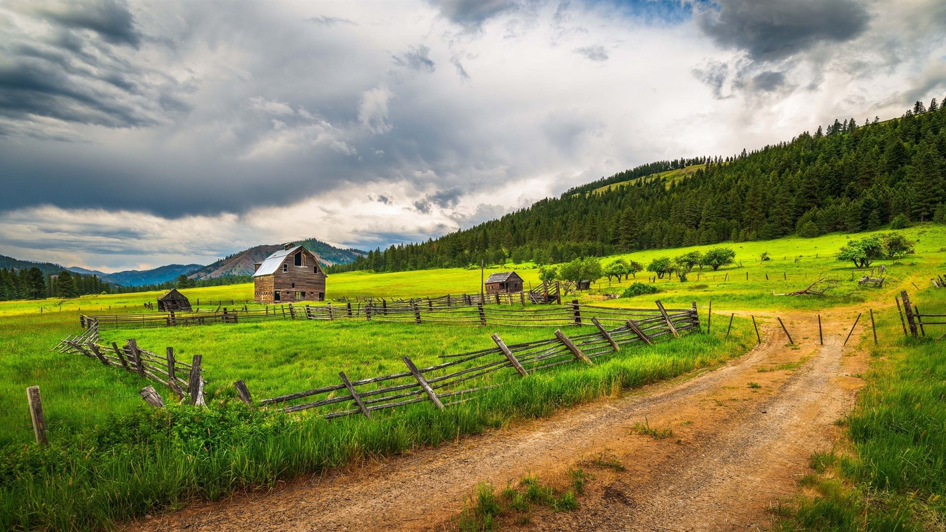 Wallpaper Countryside, farmland, fence, grass, trees, road, clouds 1920x1080 Full HD 2K Picture, Image