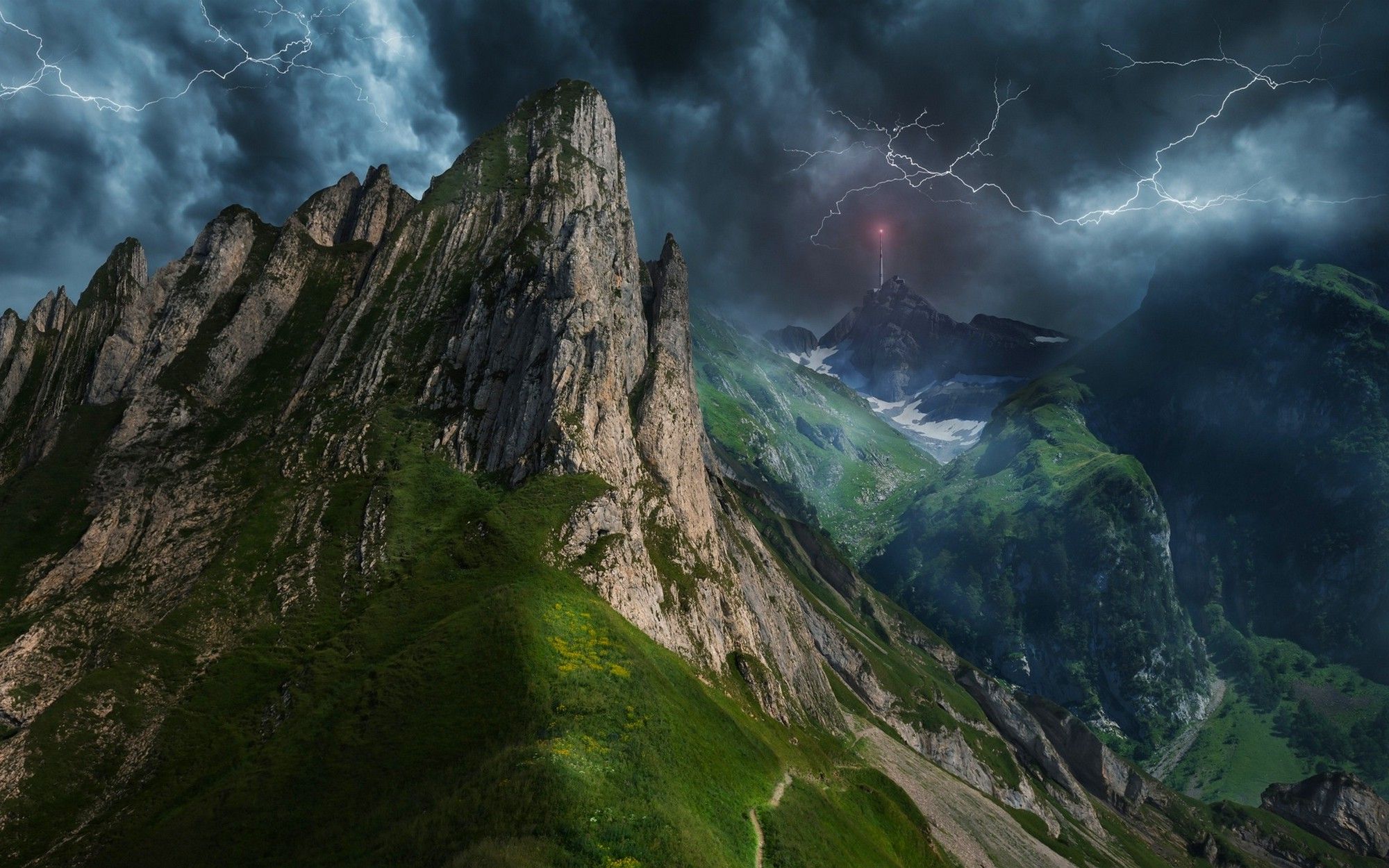 mountain, Lightning, Nature, Landscape, Clouds, Storm, Path, Electricity, Grass, Summer, Mist Wallpaper HD / Desktop and Mobile Background