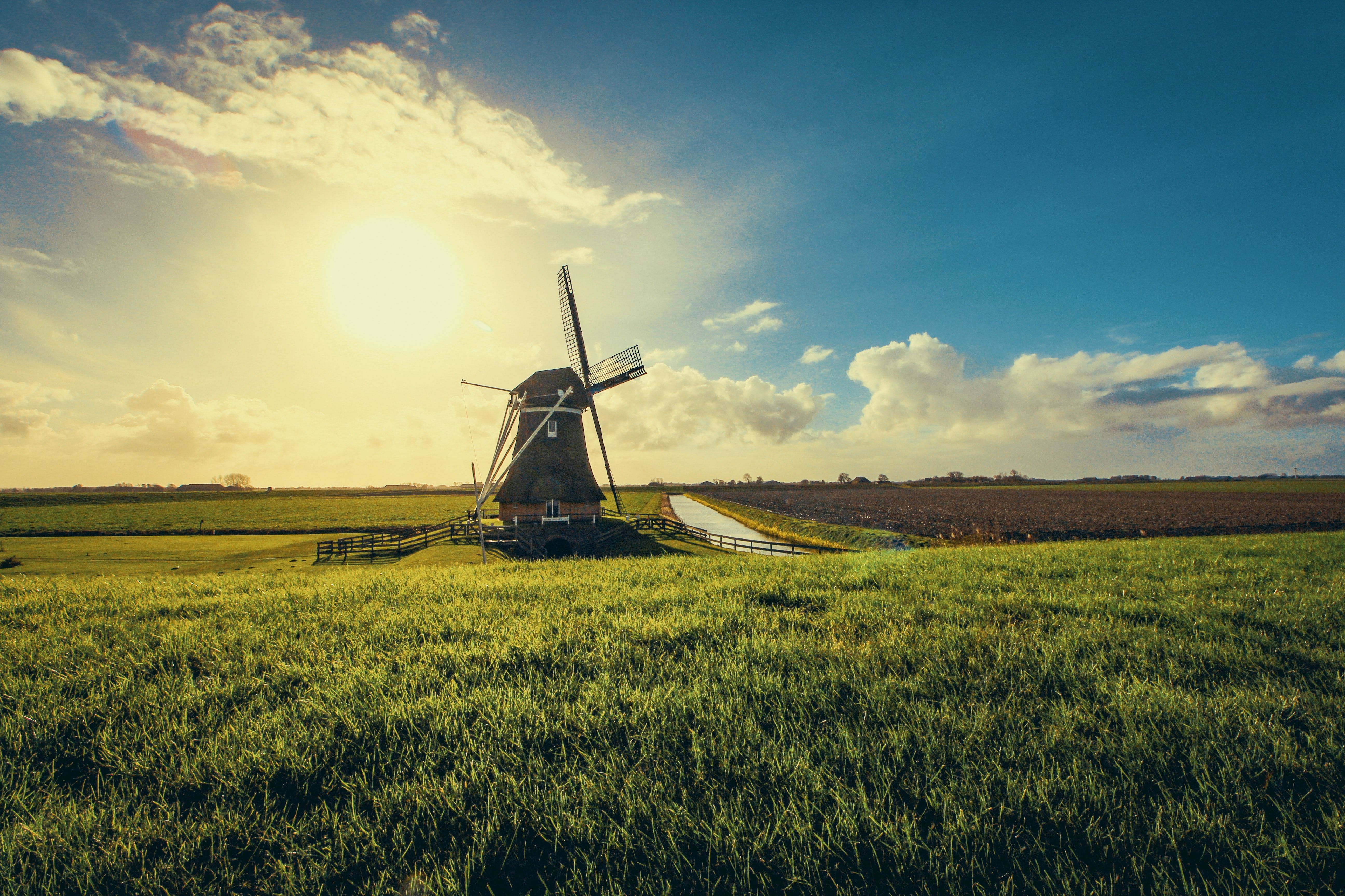 Windmill In Farmland Sunset View 5k, HD Nature, 4k Wallpaper, Image, Background, Photo and Picture