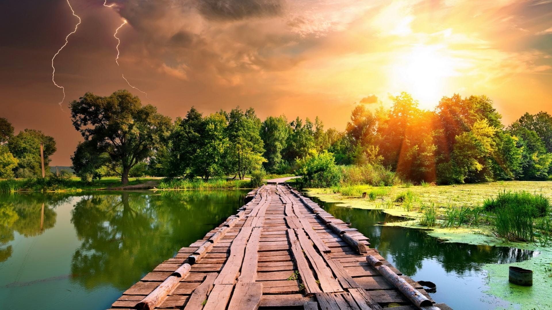 Simple Wooden Bridge Lightning Storm Sunset Lake Wood Best 17796 HD wallpaper