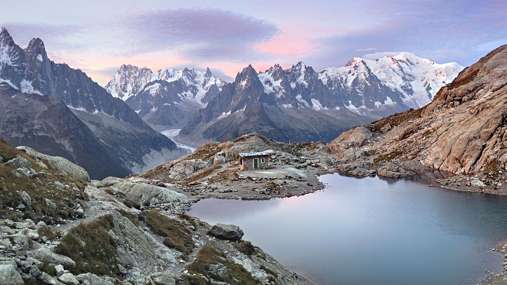 Wallpaper Mont Blanc Massif, sunrise, lake, hut, Graian Alps 3840x1200 Multi Monitor Panorama Picture, Image