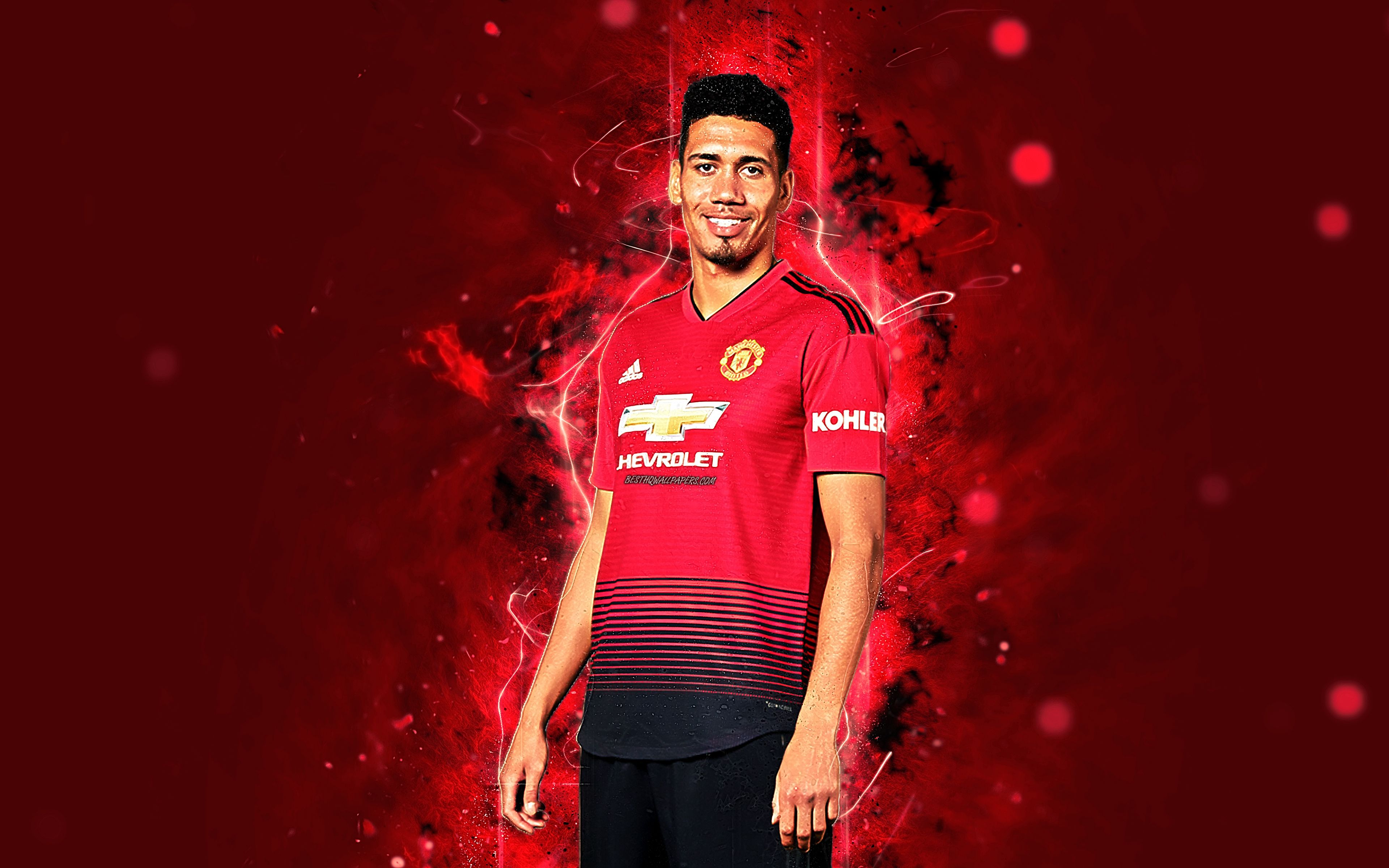 Download wallpaper Chris Smalling, 4k, season 2018- footballers, Manchester United, neon lights, Premier League, Smalling, soccer, fan art, football, Man United for desktop with resolution 3840x2400. High Quality HD picture wallpaper